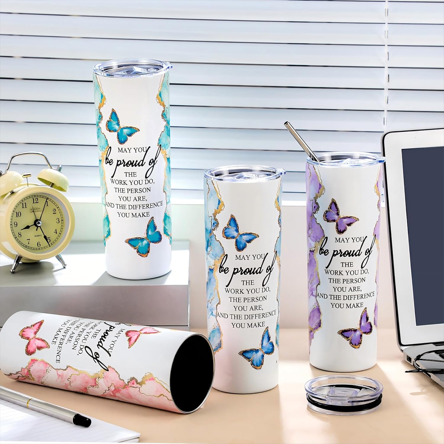 Geiserailie 4 Pack Employee Appreciation Gifts Bulk 20 oz Thank You Marble Tumblers for Coworkers Staff Team Teacher Nurse Appreciation Gifts Office Cups with Lids and Straws (Fresh Color)