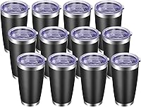 VEGOND 20oz Insulated Tumblers with Lid & Straw - 12 Pack Black Stainless Steel Double Wall Vacuum Coffee Mugs for Hot/Cold Drinks