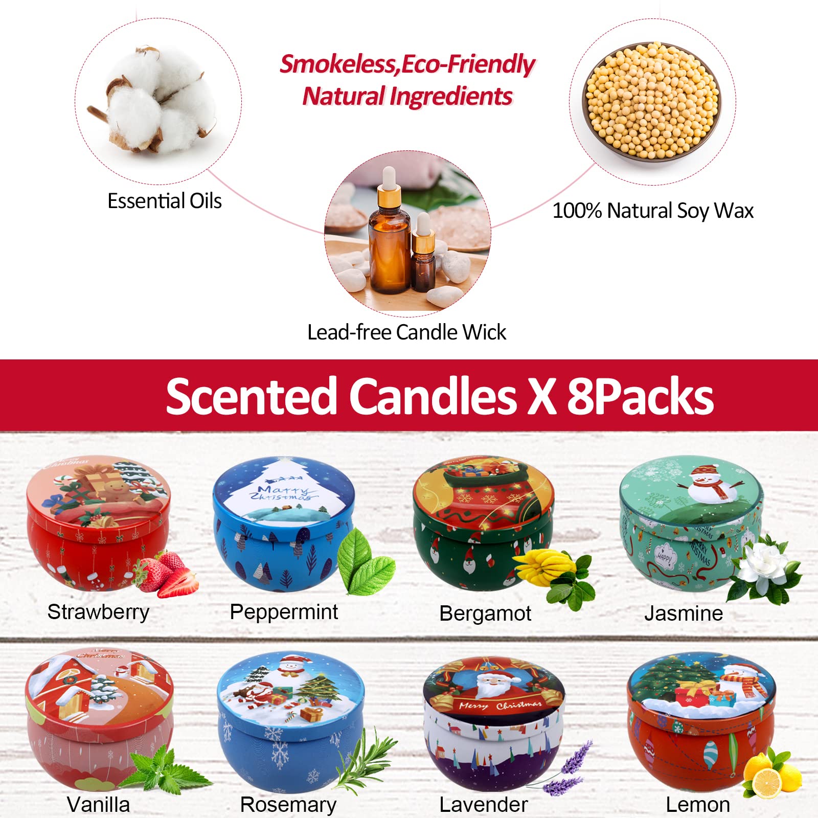 Coffret De 8 Bougies Parfumées En Cire De Soja – 2,5 Oz Chacune, Senteurs Variées, Cadeau Noël