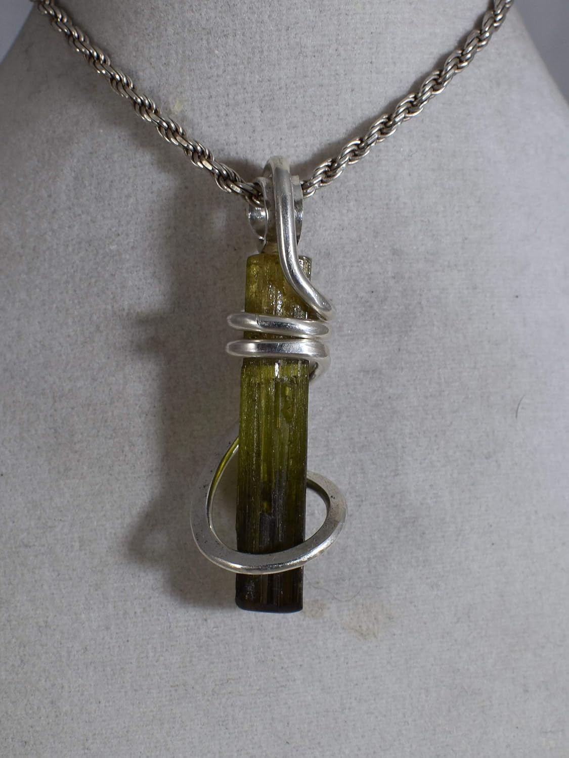 Green Tourmaline Crystal Hand Wrapped Stone Pendant in Silver - Image 5