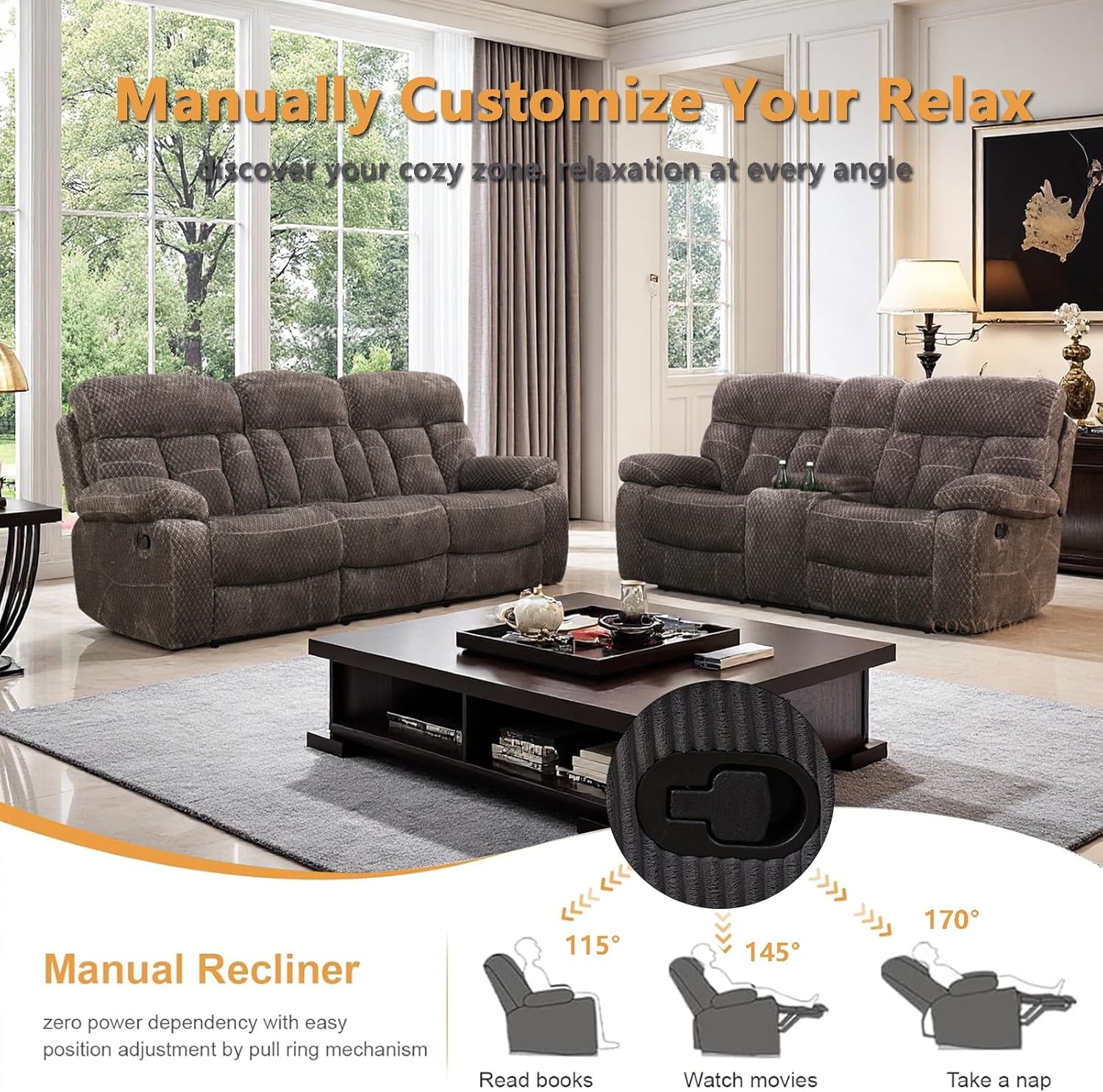 Fabric Manual Recliner Sofa Set with Drop-Down Table, 2 Pieces Living Room Furniture Sets, Microfiber Recliner Sofa Set with Storage, Modern Reclining Couch Loveseat for Living Room/Office