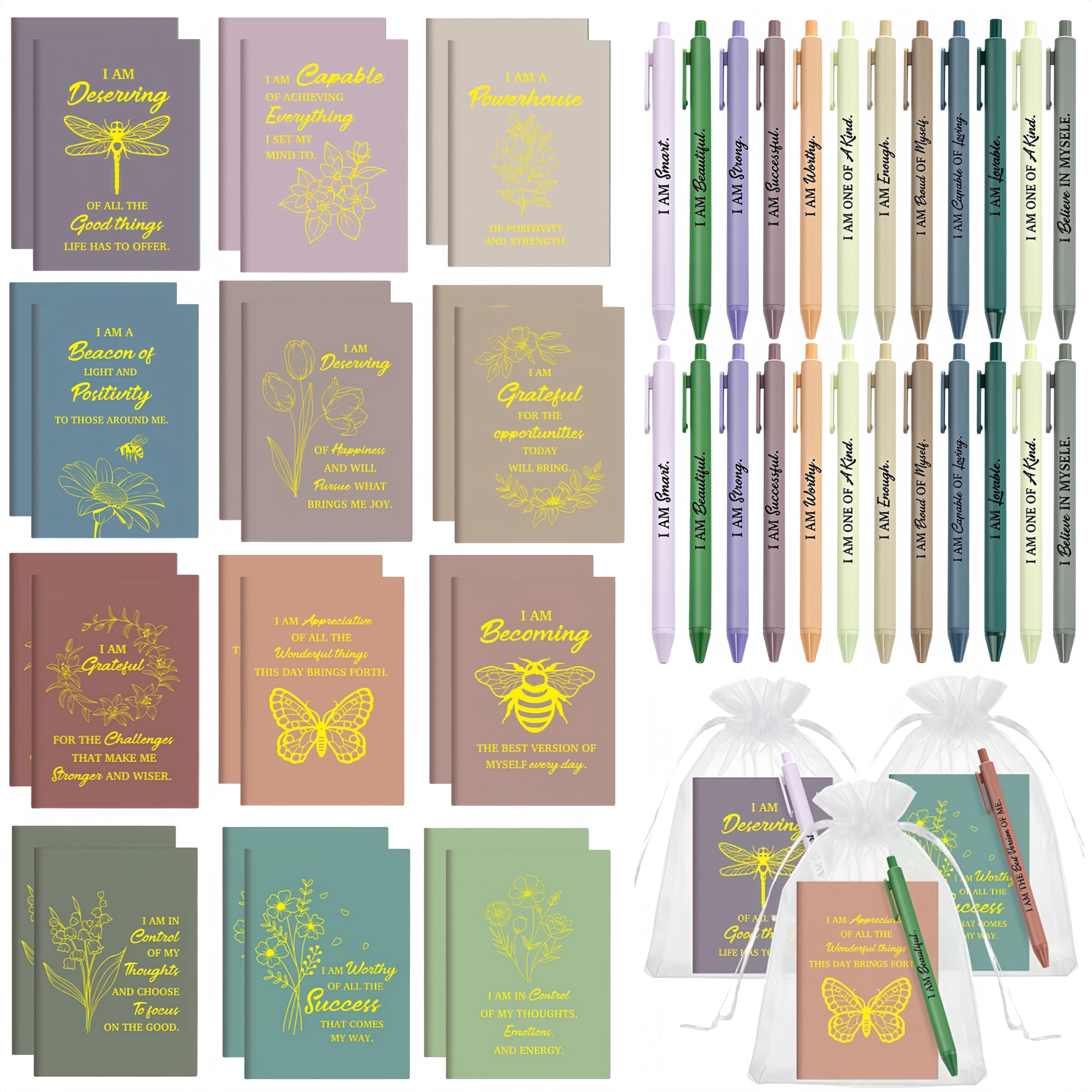 Mooliwe 24 Set/48 Pcs Positive Affirmation Gift Set Gratitude Notebooks with Pens Small Bags Motivational Encouragement Notepads Daily Affirmation Journal for Women Stress Relief Self Care (Morandi)