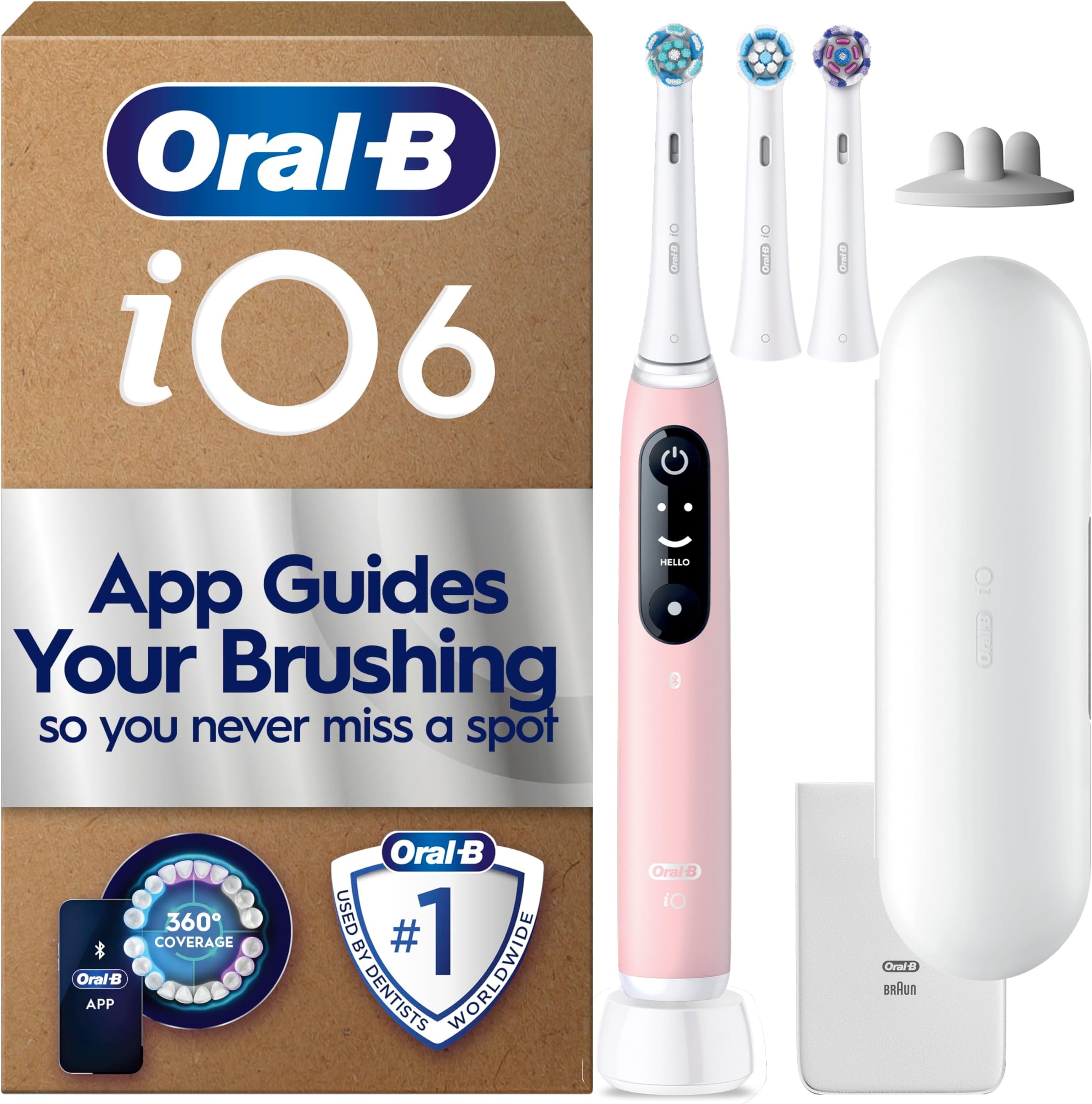 iO6 Electric Toothbrush for Adults, Pink - 3 Toothbrush Heads, Travel Case and Toothbrush Head Holder, 5 Modes with Teeth Whitening, UK Two Pin Plug