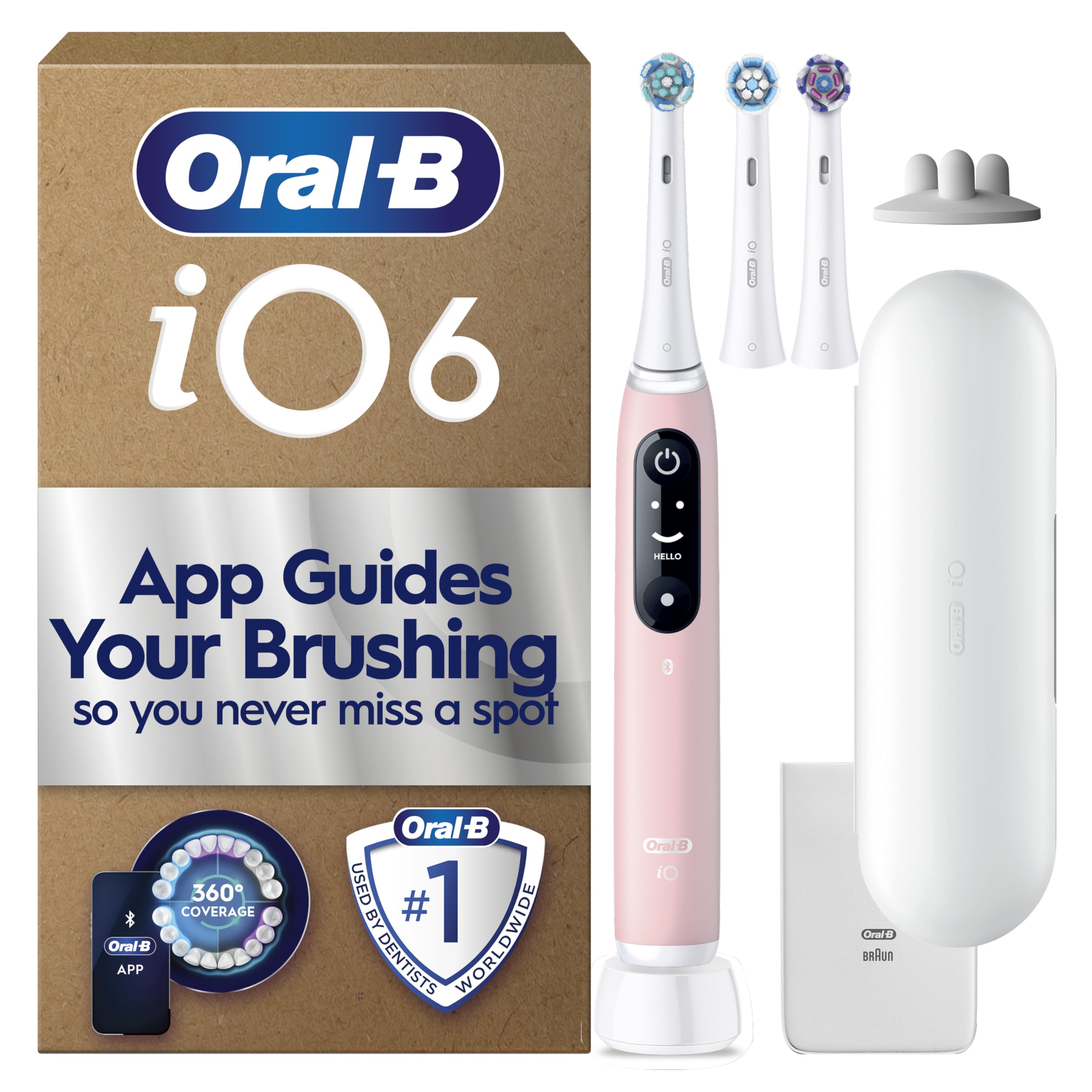 iO6 Electric Toothbrush for Adults, 3 Toothbrush Heads, Travel Case and Toothbrush Head Holder, 5 Modes with Teeth Whitening, 2 Pin Plug, Pink