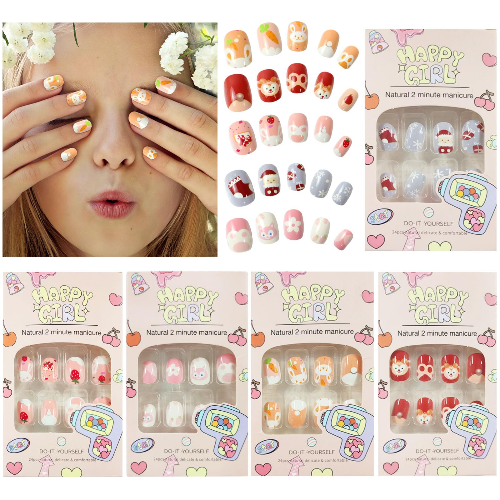 ZOCONE 120 Uñas Postizas para Niñas Puntas de Uñas Postizas Cortas Niña Uñas Artificiales Niña Postizas Uñas Falsas de Niños Decoración Uñas Niñas 5 Cajas Regalos para Niñas