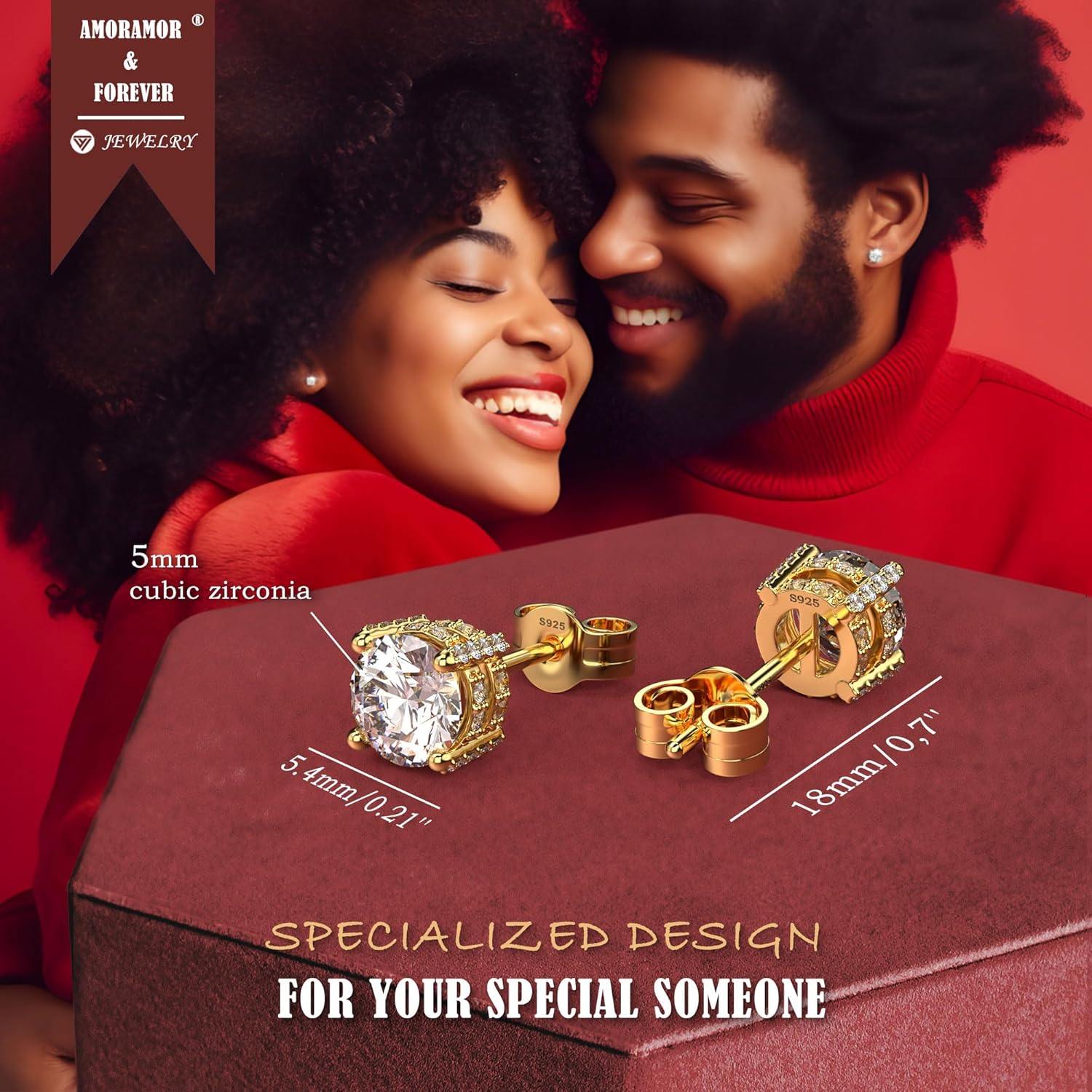 18K Gold Plated Sterling Silver Cubic Zirconia Stud Earrings for Women Men, Simulated Diamond CZ Studs Hypoallergenic Jewelry for Women Men - Image 3