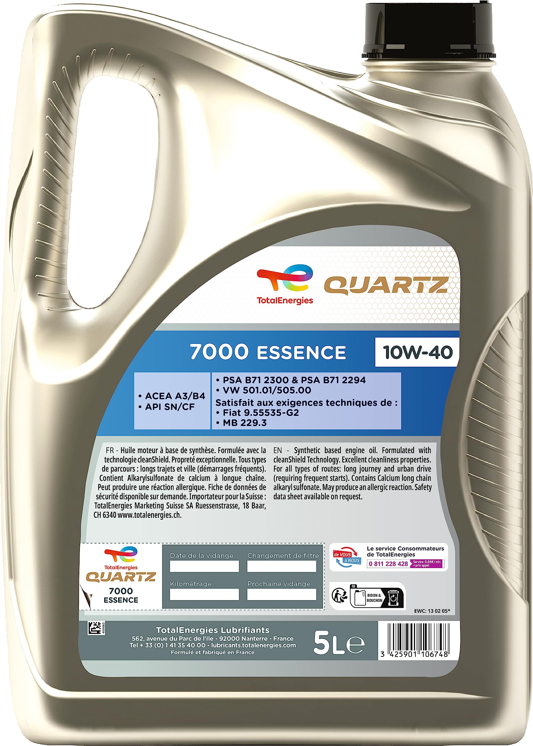 TotalEnergies Quarzo 7000 benzina 10W-40, olio motore, 5 litri