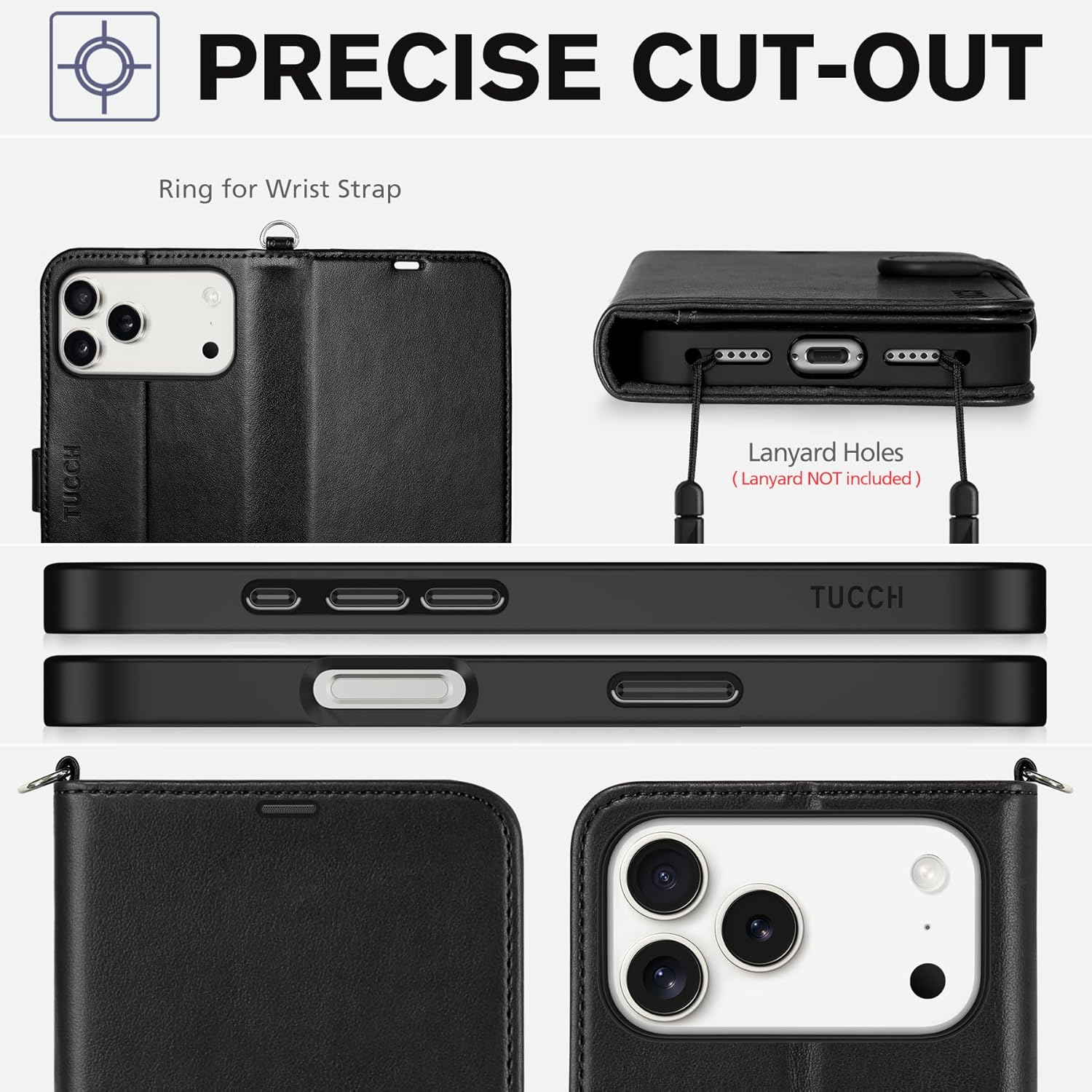 TUCCH Wallet Case for iPhone 17 Pro Max (6.9") 2025, Wrist Strap RFID Blocking 4 Card Slots, Kickstand, Shockproof TPU Shell, PU Leather, Magnetic Closure, Protective Flip Cover, Black - Image 8