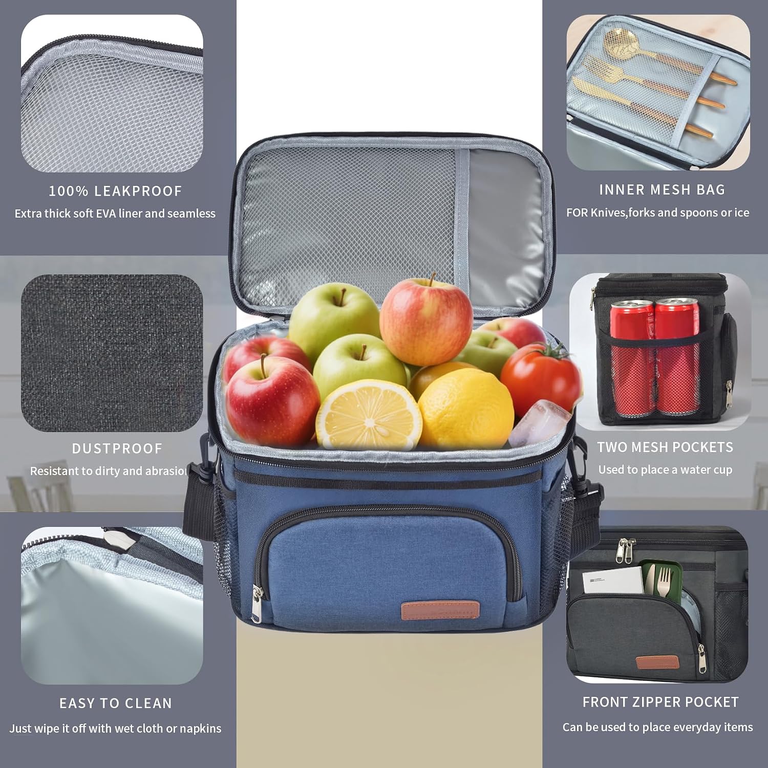 ExtraCharm Insulated Lunch Bag for Women/Men - Reusable Lunch Box for Office Picnic Hiking Beach - Leakproof Cooler Tote Bag Organizer with Adjustable Shoulder Strap for Adults - Blue image 3