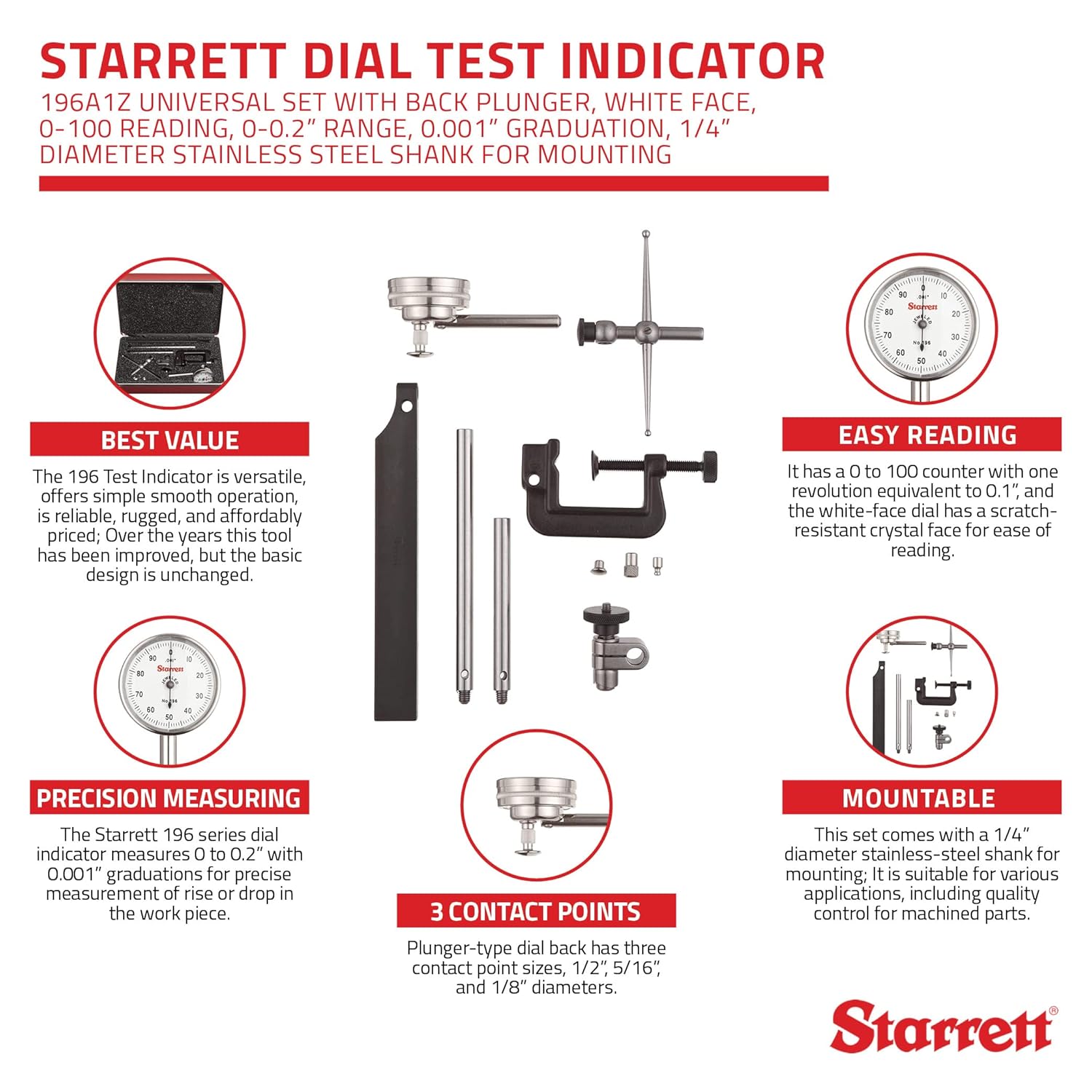 Back Plunger Starrett 196A1Z Universal Dial Indicator 0100 Reading 0.