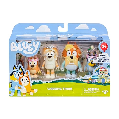 Paquete de Figuras de Boda de Bluey, 4 Juguetes de Personajes Articulados con Tío Rad, Frisky y Figuras de Bingo, Figuras de Acción para Niños a partir de 3 años