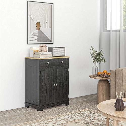 Vista 128 de HOMCOM Sideboard with Solid Wood Countertop, Modern Kitchen Storage Cabinet, Coffee Bar Cabinet with 2 Drawers, Doors and Adjustable Shelf, Black