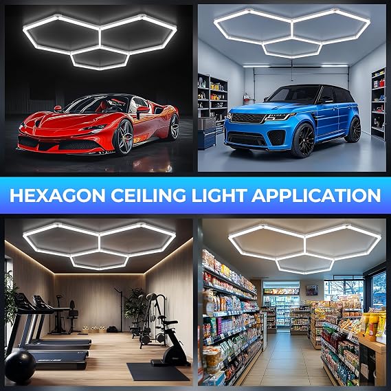 ALLYES Hexagon Garage Light,Honeycomb Hex LED Ceiling Lights, 6500K 100W 12860LM, DIY Splicing Hex Ceiling & Wall Decor Lights, for Workshop Basement Gym Warehouse Bar Barbershops [Energy Class D]