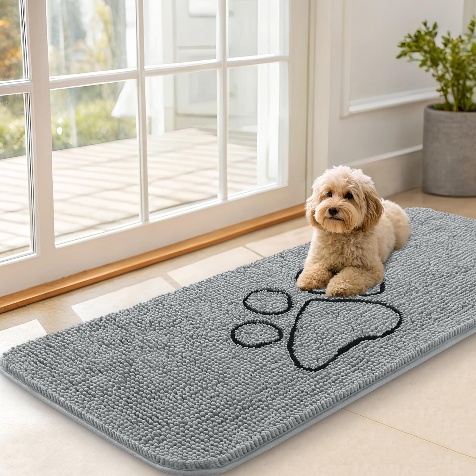 OLANLY Dog Door Mat for Muddy Paws 47x20, Paw Print Design Chenille Mud Mat
