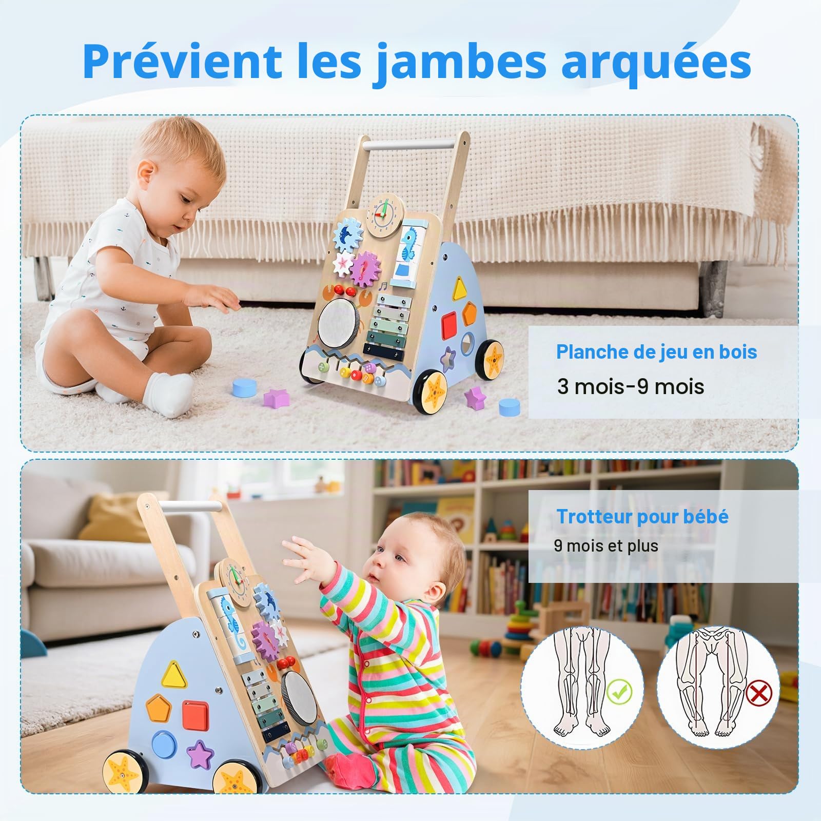 chariot de marche bebe, multifonctionnel Trotteur bébé en bois 8 en 1 pour enfants de 3 à 9 mois, avec roues et blocs de construction pour l'éducation précoce, cadeau adapté