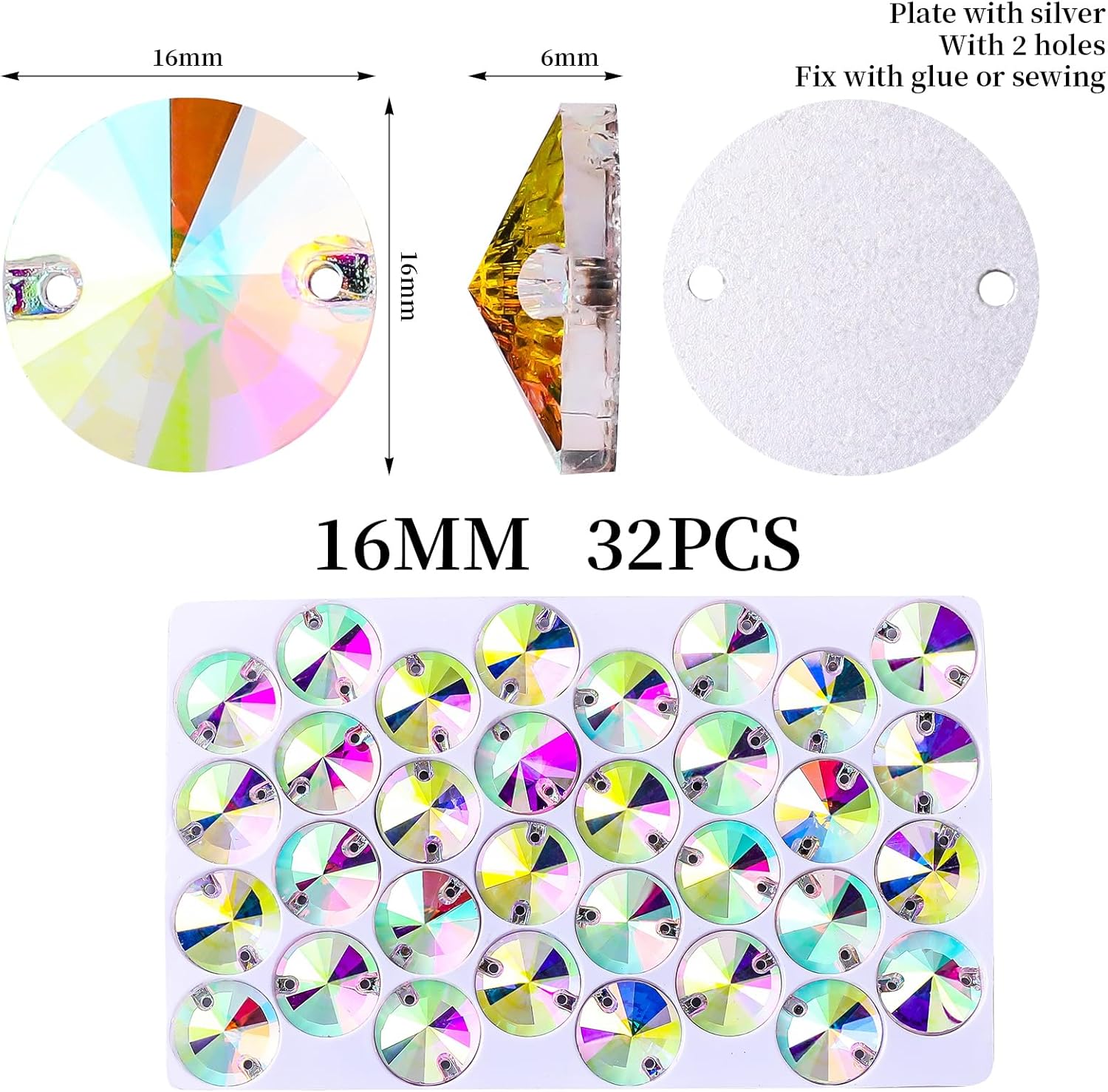 SWTHONY 16mm AB Round Sew On Rhinestones for Crafting, 32pcs Crystal Glass Gems Silver Plated Flatback Jewels with 2 Holes for Crafts Clothes Fabric - Image 2