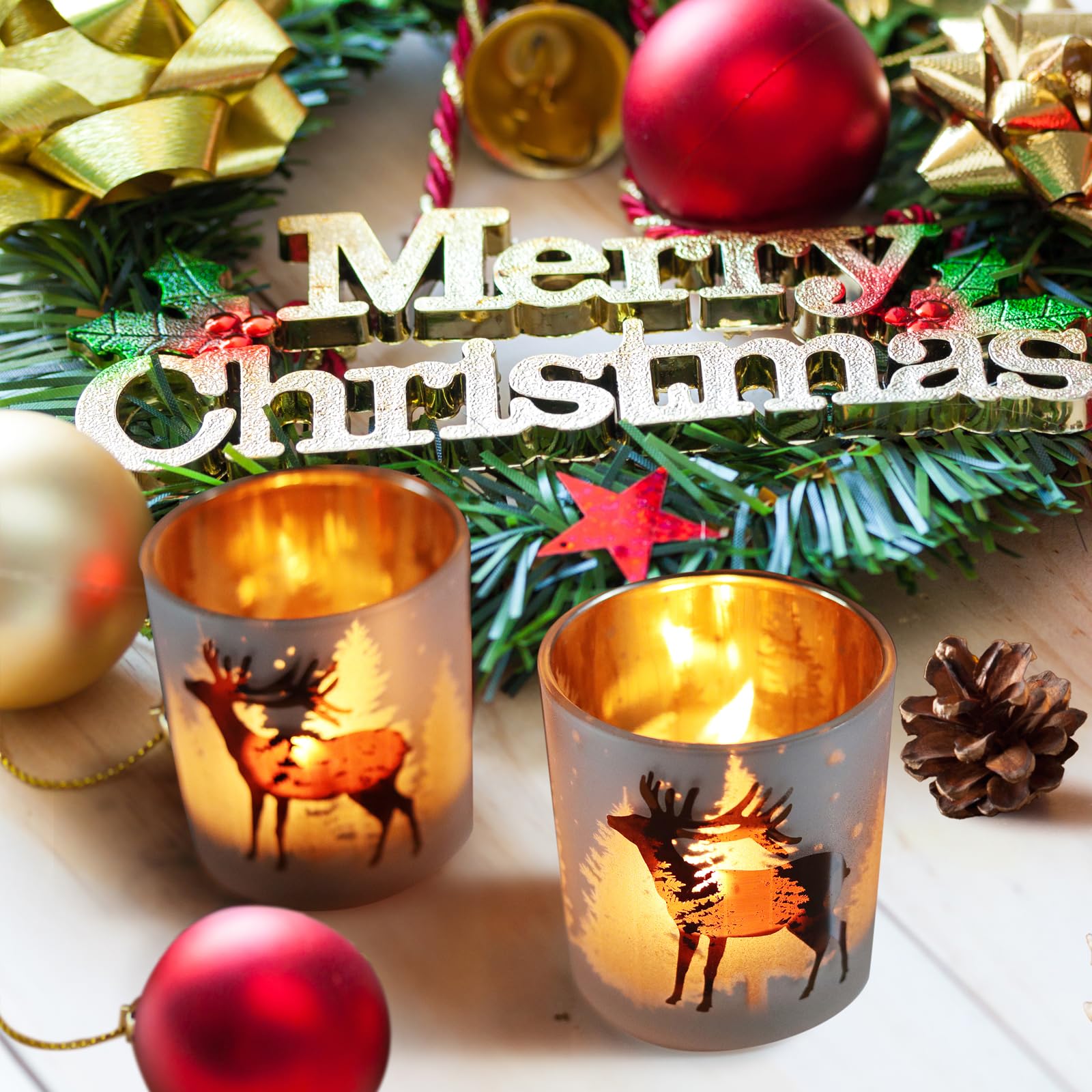 SHMILMH Lot de 4 bougeoirs votifs en verre doré et argenté pour décoration de table de Noël