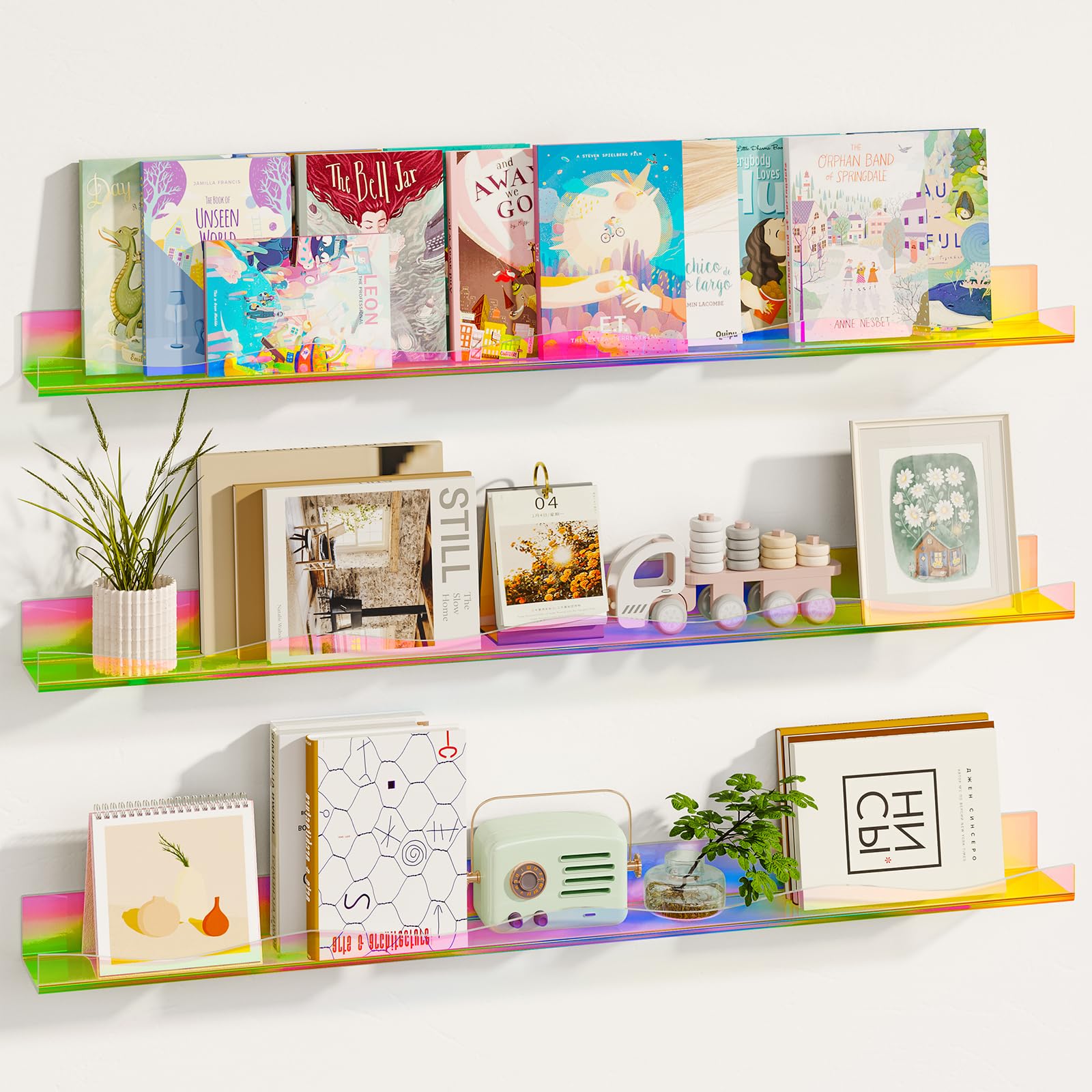 Fixwal Acrylic Shelves, 36 Inch Floating Wall Mounted Shelves, Set of 3 Floating Bookshelves for Kids and Nursery (Iridescent)
