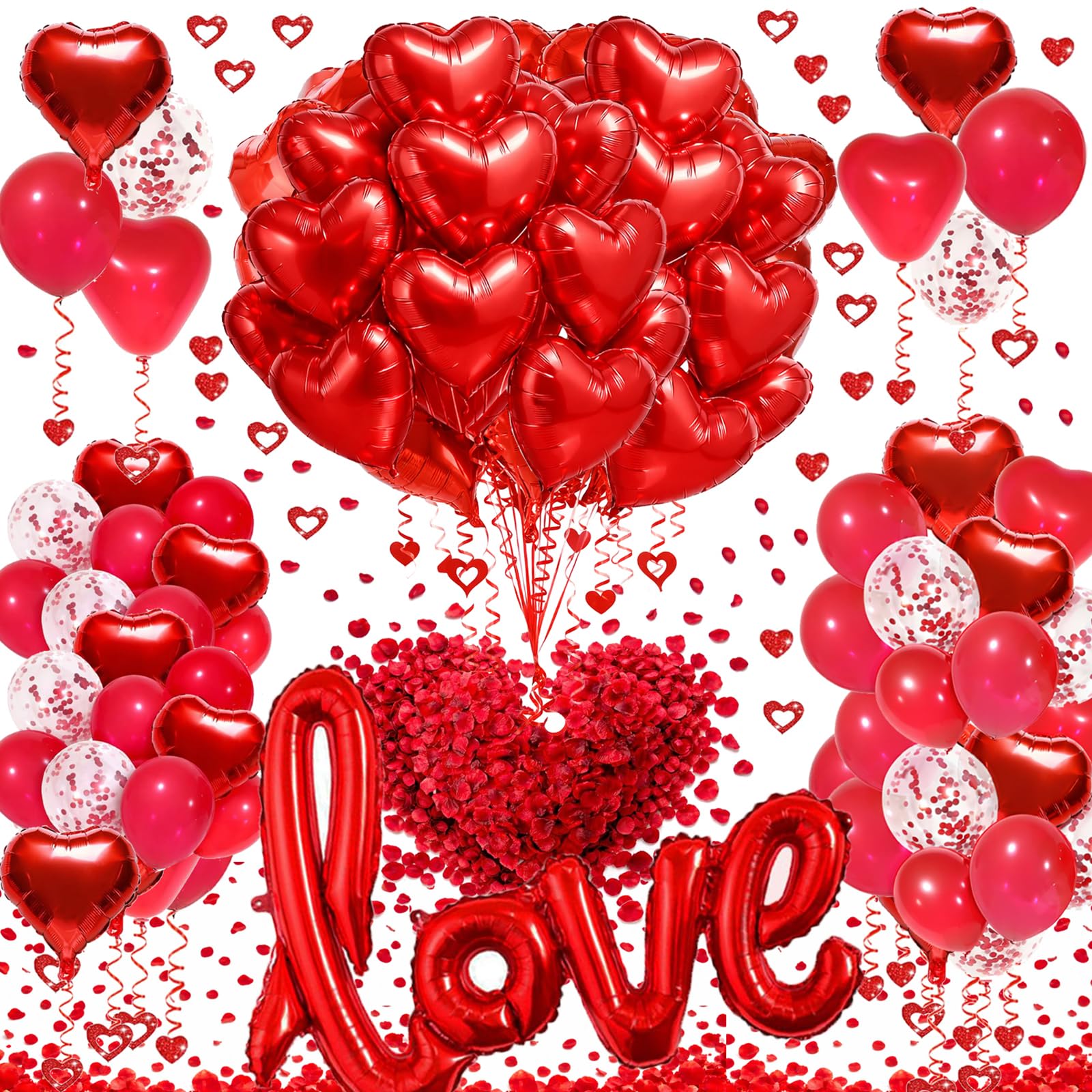 FODYNE 128PCS Valentine's Day Party Balloon Garland Arch Kit, Red Heart Foil Balloons, Love Theme Party Decorations with Rose Petals for Anniversary, Wedding, Bridal Shower & Proposal Backdrop