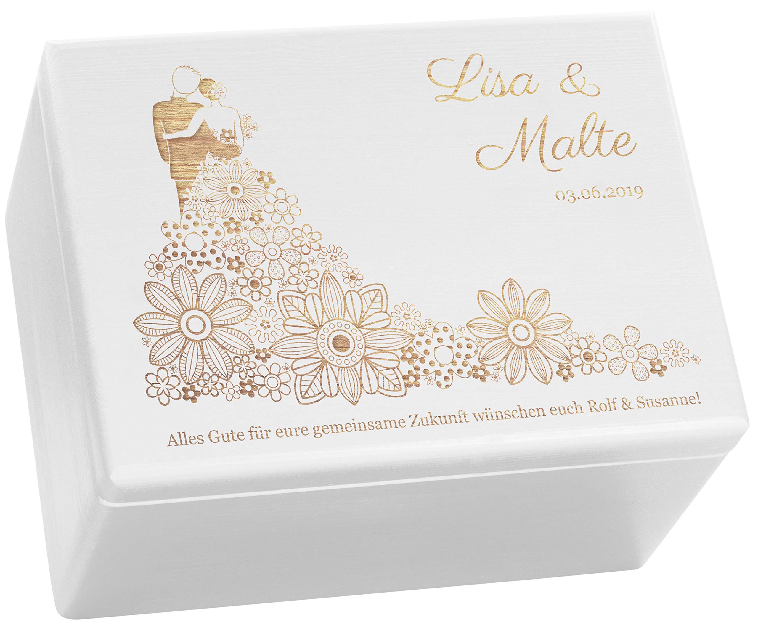 LAUBLUST Holzkiste zur Hochzeit - Personalisierte Hochzeitskiste Erinnerung - Blumenkleid | Geschenkkiste Personalisiert mit Gravur - FSC® (Weiß ohne Verschluss, ca. 40 x 30 x 24 cm | XL)