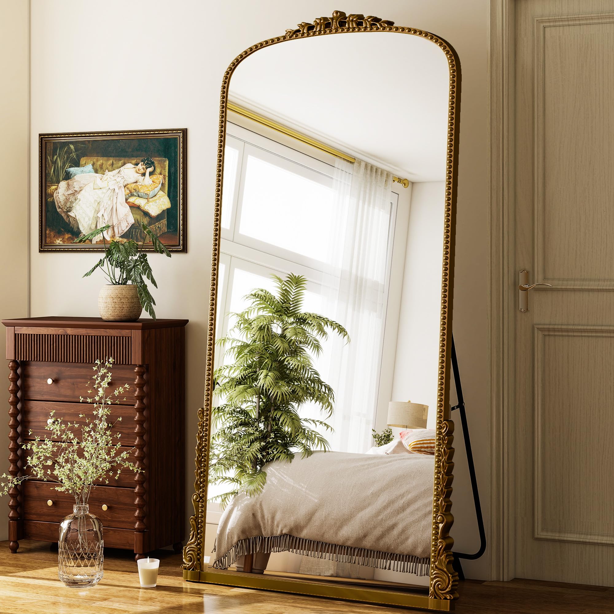 BEAUTYPEAK 205x105 cm Bogenspiegel in voller Länge mit HD Glas, Groß Ganzkörperspiegel, Gold Rahmen aus PU-Kunststoff mit Retro-Prägung, XXL Spiegel für Schlafzimmer und Wohnzimmer