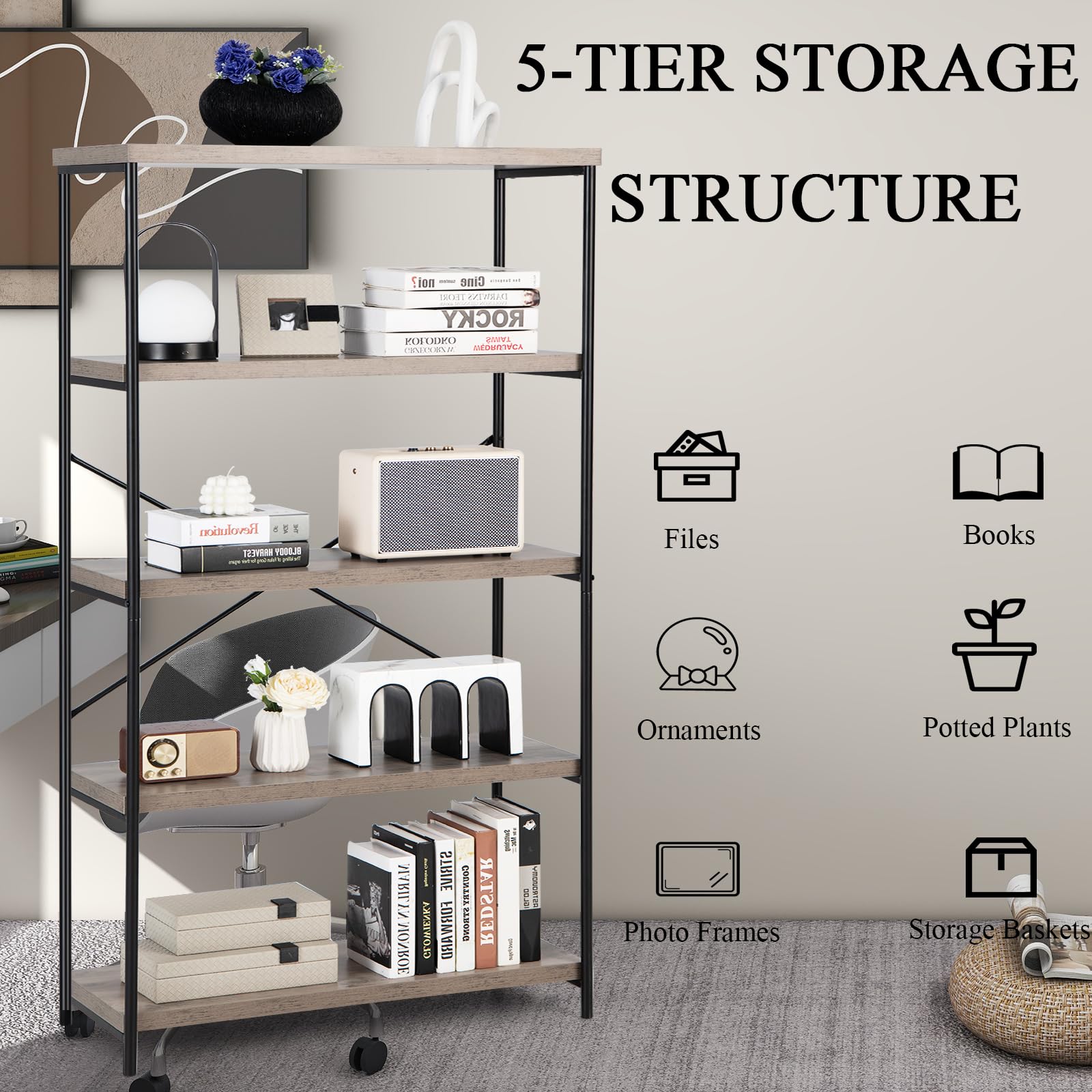 HOMASIS Librería con 5 niveles, estantería independiente con estructura metálica, cada estante puede soportar hasta 20 kg, para salón, dormitorio, estudio, 79 x 35 x 160 cm, diseño industrial (Gris)