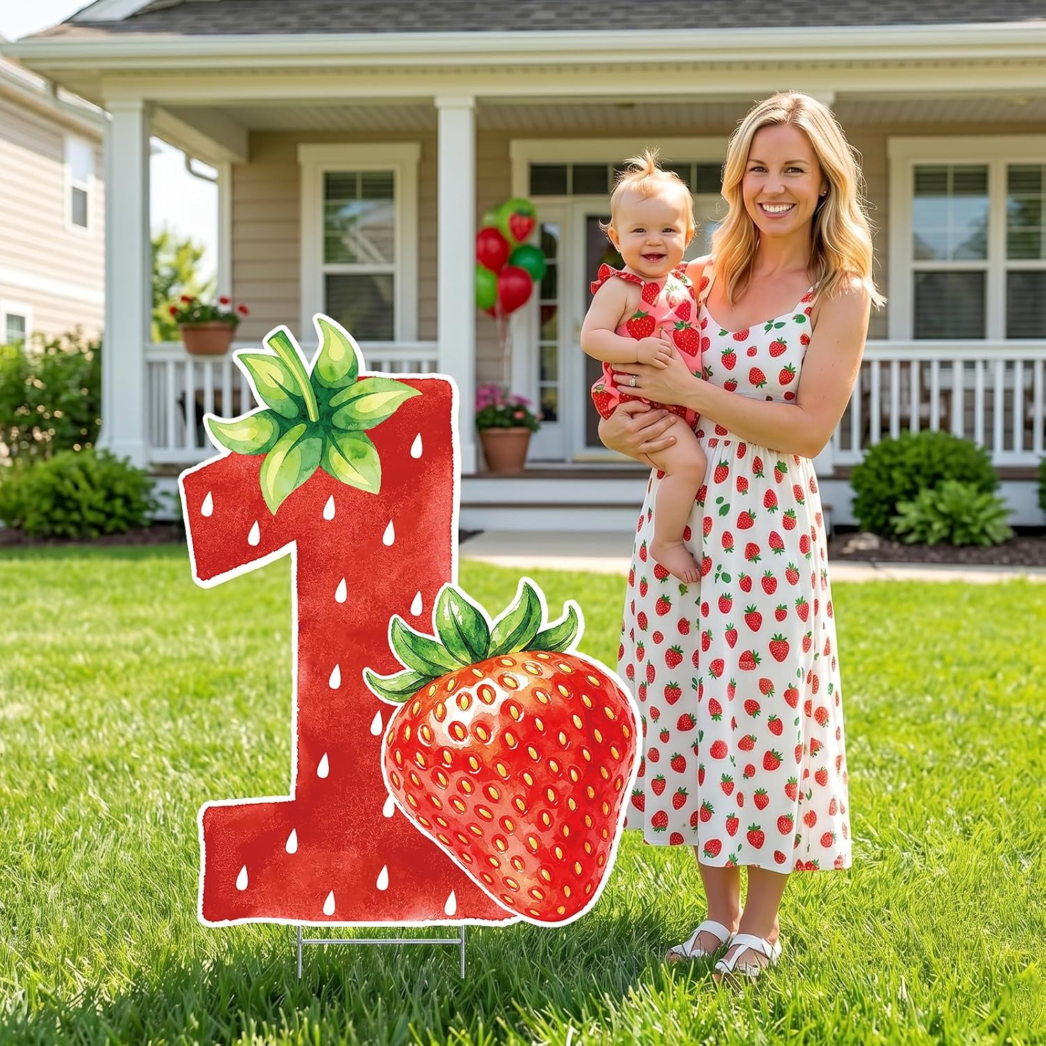 Giant 31.5" Strawberry 1st Birthday Yard Sign with Stakes, Large Fruit Strawberry Number 1 Lawn Decoration, Sweet One Berry First Birthday Outdoor Decorations for Girls Garden Party Supplies