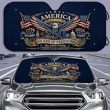 Patriotic Eagle Car Windshield Sunshade with Custom Family Name Proud 250 Freedom Inspired Foldable Reflective Heat Shield for Cars, SUVs, Trucks & Vans
