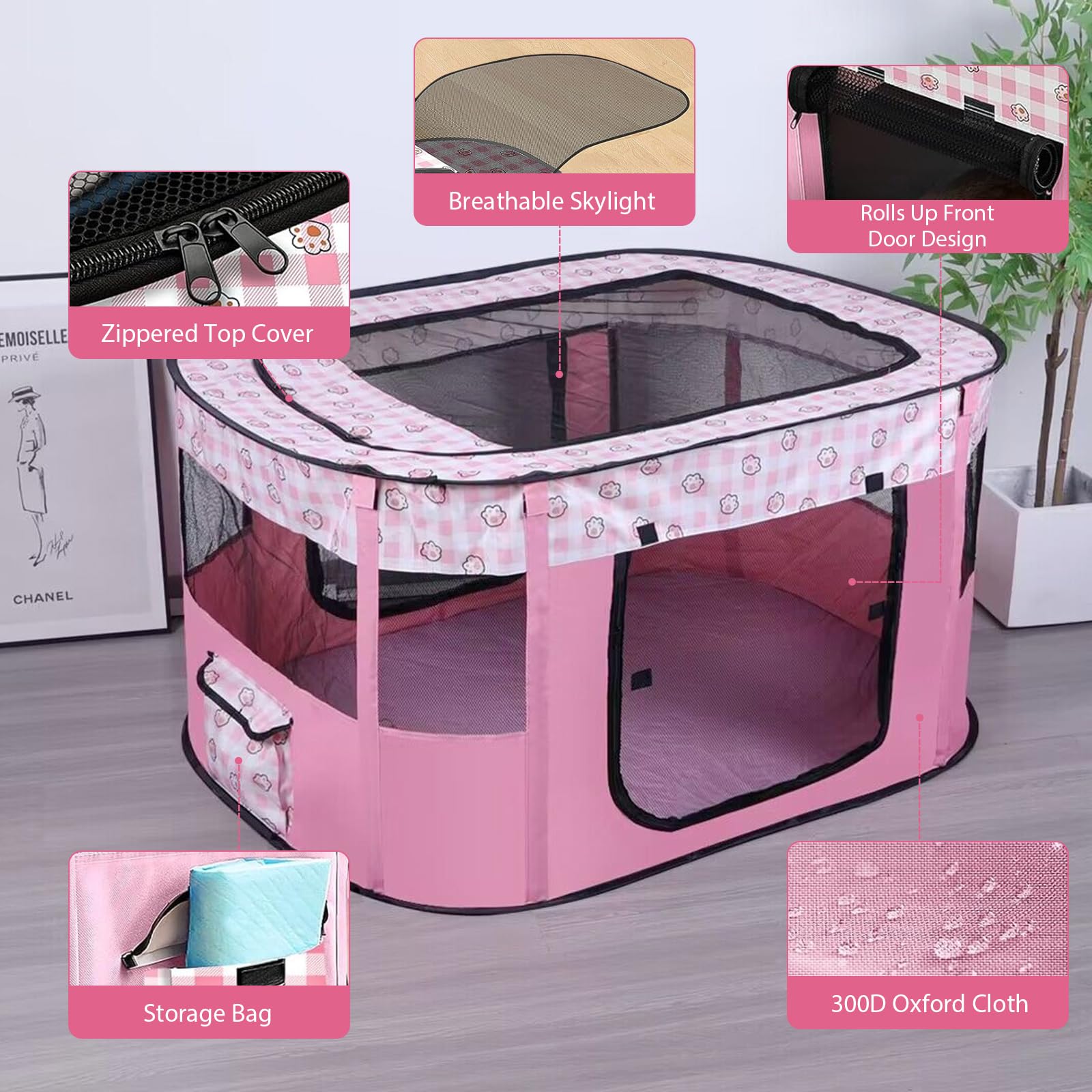 Recinto per Cani da Interno Pieghevole, Recinto per Cuccioli Rosa 80 x 60 x 55 cm, Recinto per Gatti Traspirante, Portatile Box per Cani da Interno, Recinto per Animali pour Gatti, Cani, Conigli
