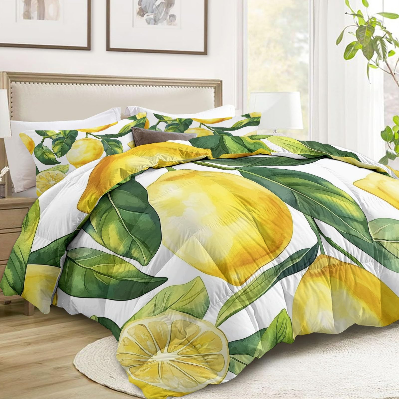 Générique Styl vintage dwustronna kołdra 140 x 200 cm, akwarelowa cytryna liście miękka oddychająca, lekka i oddychająca kołdra - komplet pościeli kołdra pikowana koc nadający się do prania