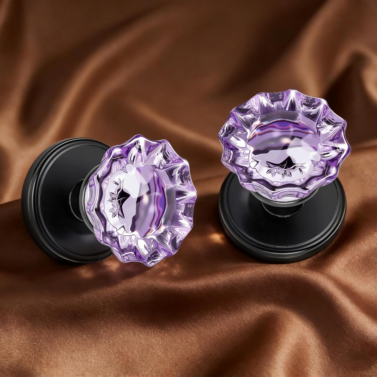 2 Pack Purple Crystal Glass Dummy Door Knobs, Non-Turning Dummy Door Knob Single Side, Matte Black Interior Door Knobs for Hall, Closet, Pantry