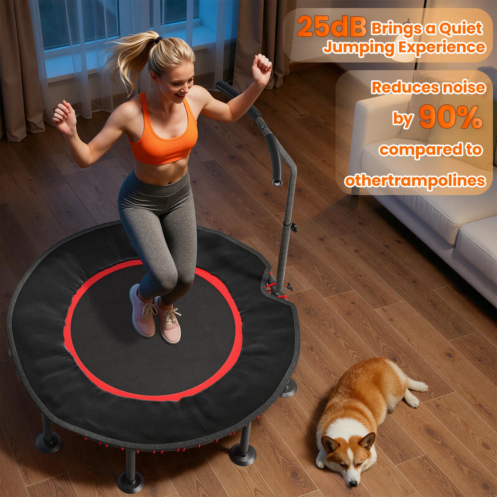 LIFERUN Trampolina fitness do użytku wewnątrz Ø 102/122 cm, mini gumowe linki, trampolina, udźwig 150 kg, wyściełany pokrowiec ochronny, regulowany uchwyt, dla dorosłych, stabilna, cicha, do domu
