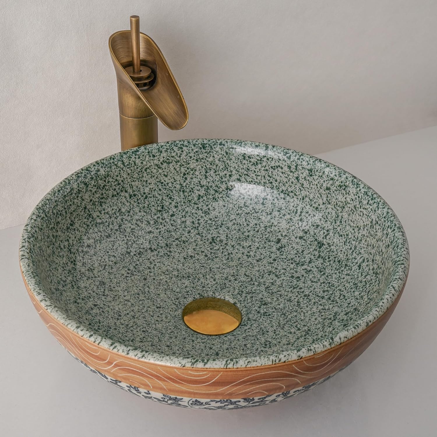 Ceramic Vessel Bathroom Sink Blue Color Rounded Shape Jingdezhen Sinks Above Counter Art Wash Basin For Bar And Cloakroom (Vintage blue) (Celadon and Brown)
