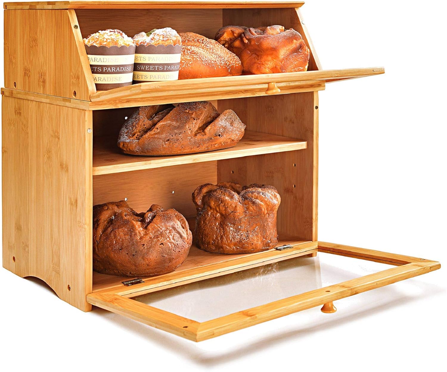 Enjahomx Large 3 Layer Bread Box for Kitchen Countertop - Bamboo Breadbox with Clear Window and Adjustable Shelf - Farmhouse Style Bread Storage Bin Holder (Self-Assembly) -