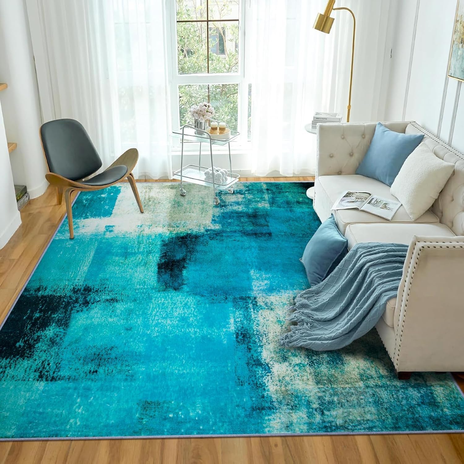 TYJDTYR Alfombra grande para sala de estar, 200 x 290 cm, moderna alfombra abstracta azul envejecida, pelo corto, parte trasera antideslizante, lavable a máquina, alfombra gris vintage para