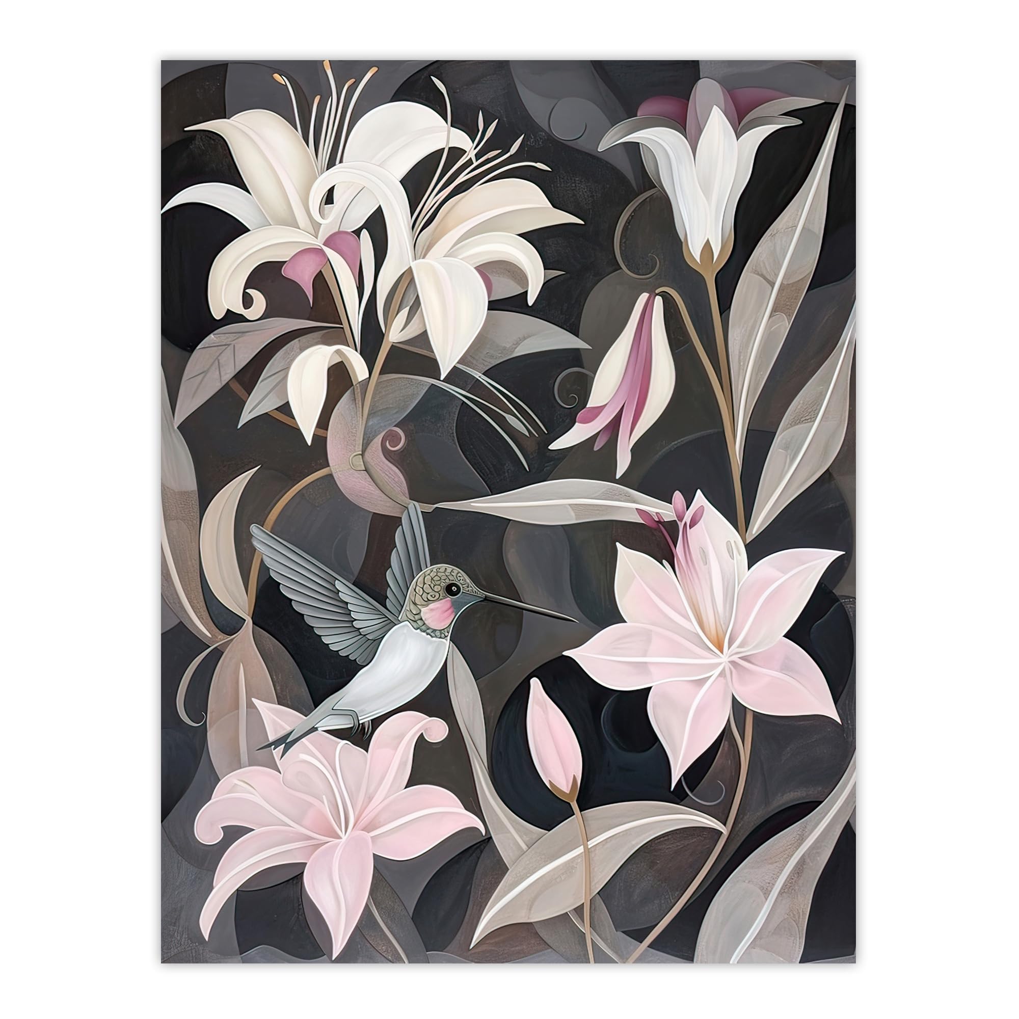 Artery8 Lily Flowers Hummingbird Stylised Painting Wall Art Print - W24 inch x H32 inch - Grey