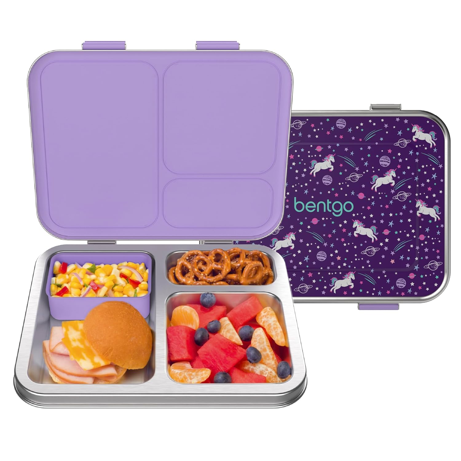 Bentgo Kids Stainless Steel Prints Leak-Resistant Lunch Box - 3-Compartments with Bonus Silicone Container Durable Eco-Friendly Dishwasher Safe