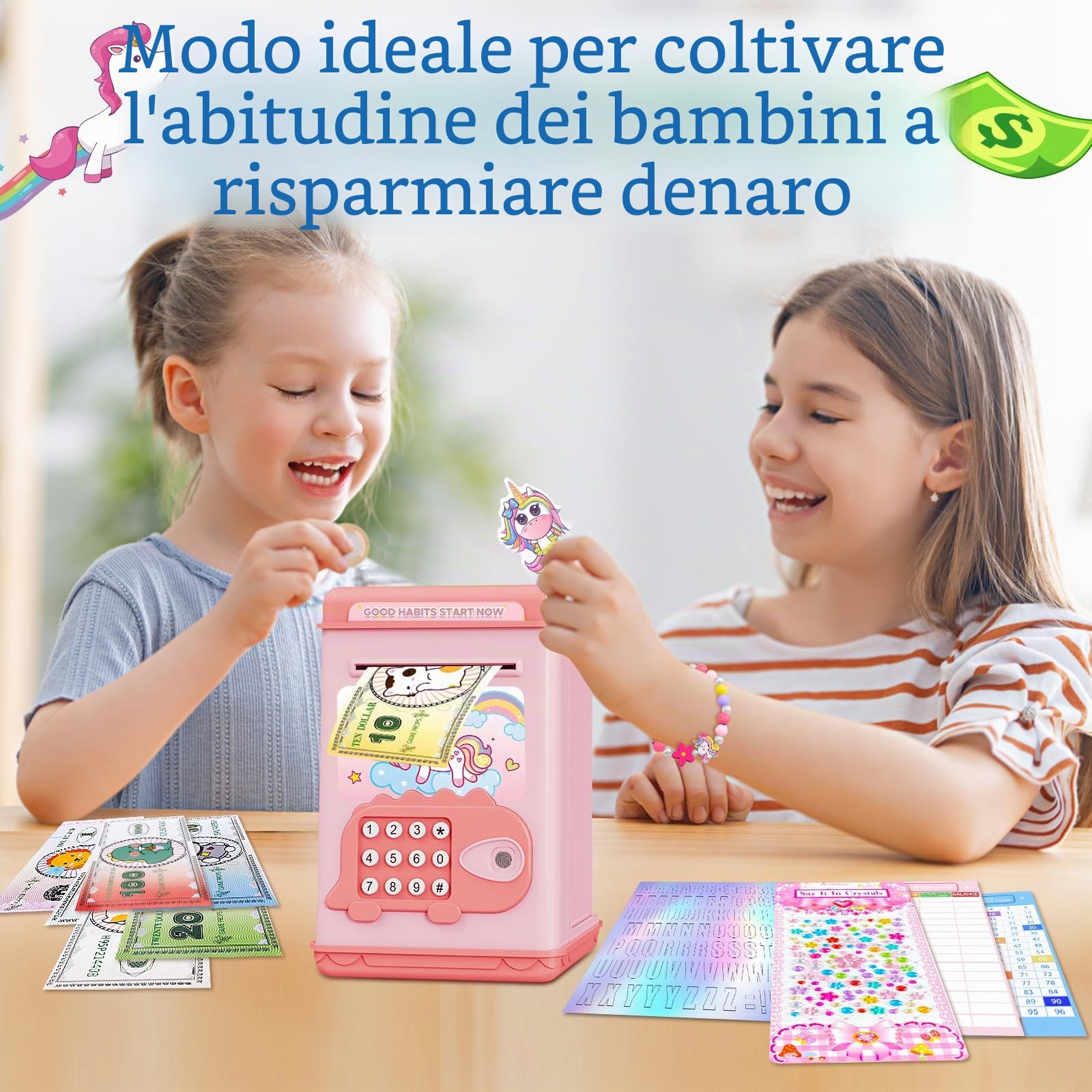 TCJJ Unicorno Salvadanaio Per Bambini,Salvadanaio Per Ragazze Con Password E Sblocco Delle Impronte Digitali,4 Adesivi,Braccialetto Con Unicorno,Regali Con Ragazze Per Natale