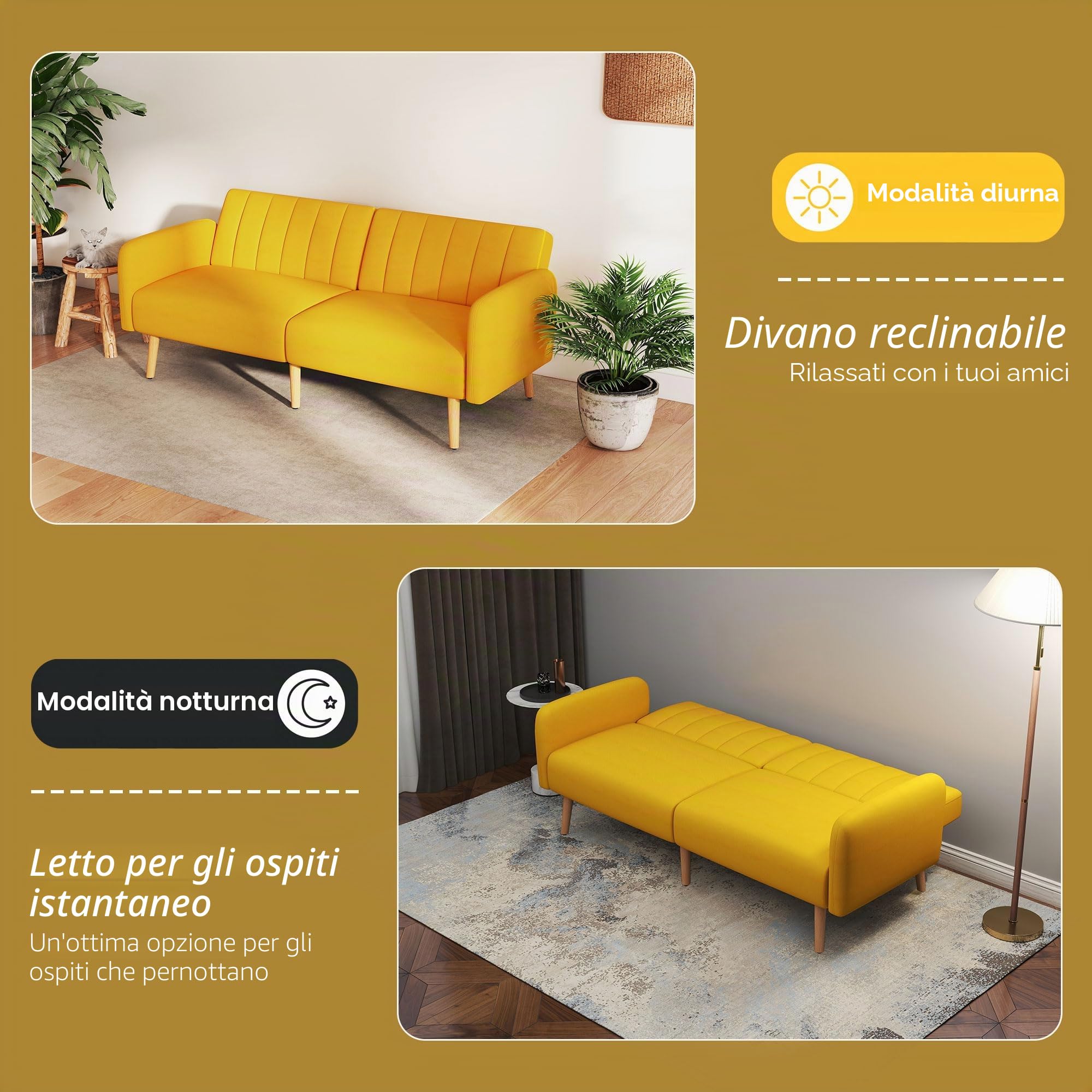 HOMCOM Divano letto pieghevole 2 posti moderno 173x75x73 cm Giallo