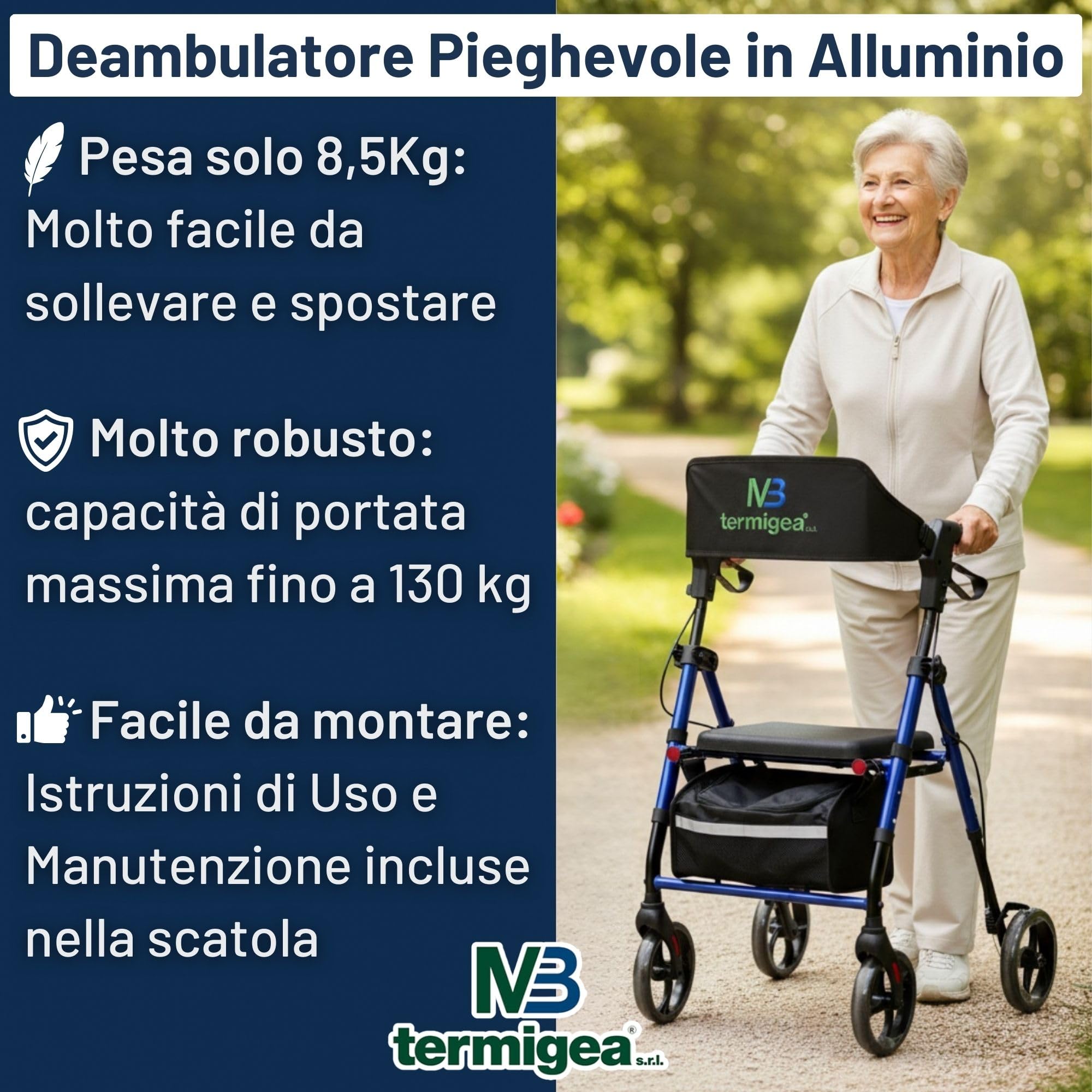 TERMIGEA RO31 - Deambulatore per Anziani con Seduta, Carrello per Anziani per Camminare Regolabile e Pieghevole in Alluminio Leggero (Portata 130KG) Dotato di Freni Classici e Freno di Stazionamento