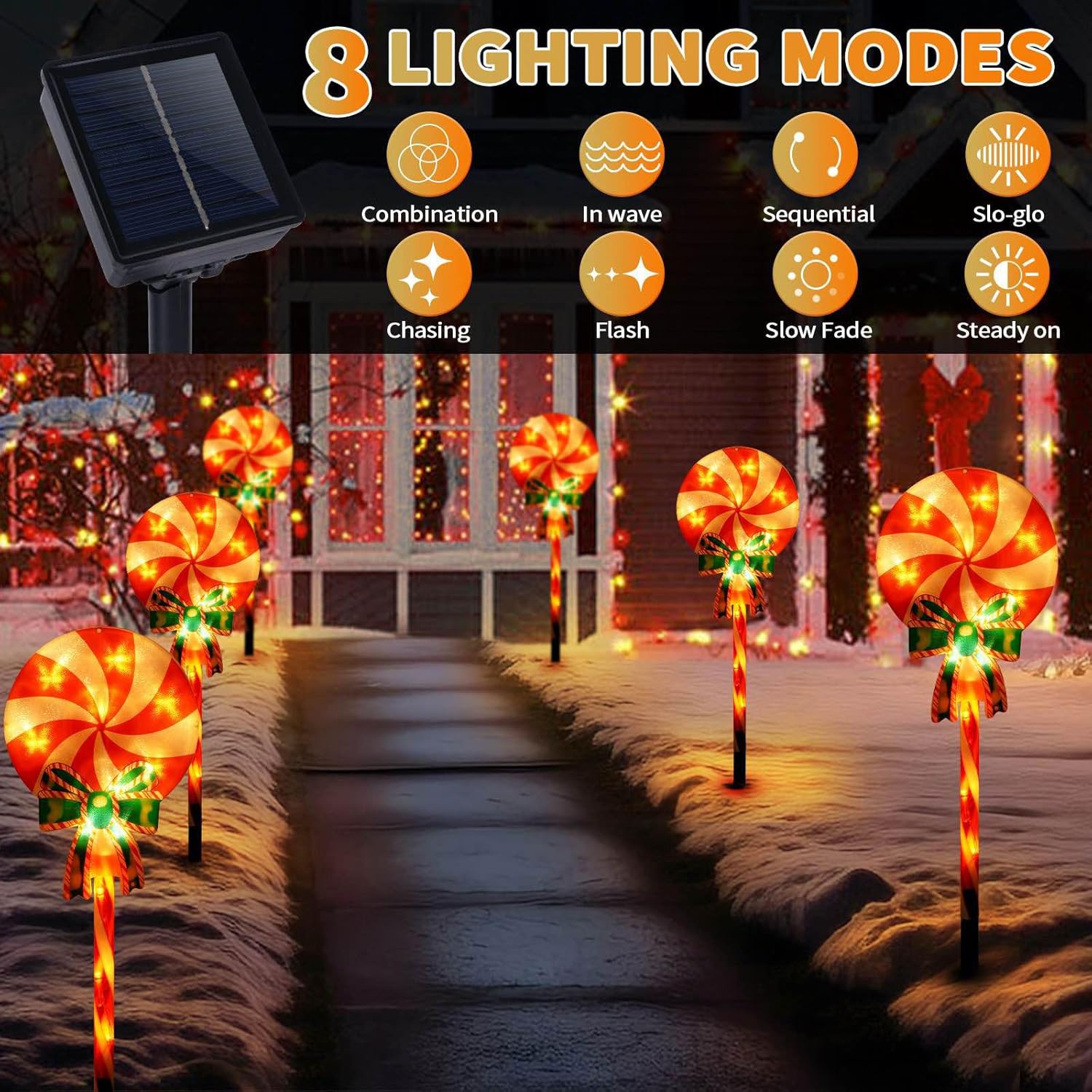 Set of 3 Solar Christmas Lights Decorations with 8 Lighting Modes, Solar Lollipop Pathway Stakes Lights, Outdoor Christmas Decor for Garden, Yard, Porch (Xmas Candy)