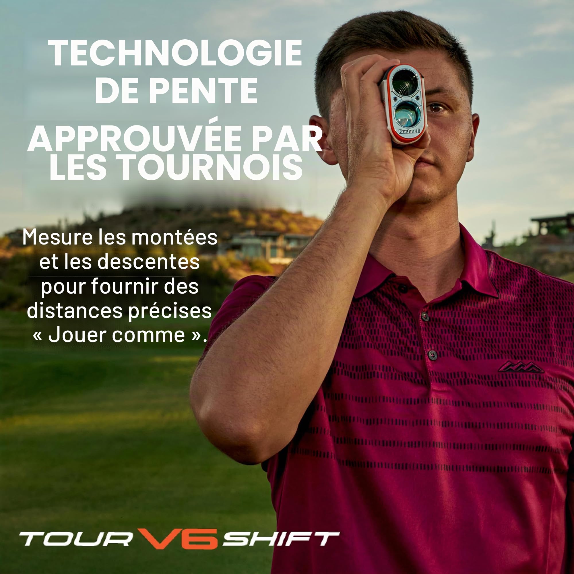 Bushnell Golf Télémètre Laser Tour V6 Shift avec Compensation de Pente, portée de 1 300 m, Vibration de Verrouillage du Drapeau, Support magnétique de Chariot, grossissement 6X, étanche - légal pour