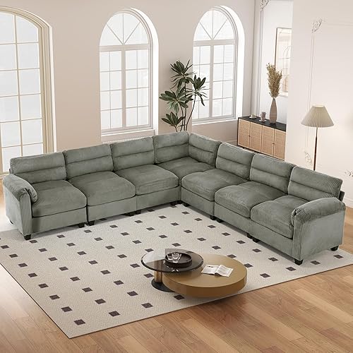 HAOMARKETS 115" Wide Modular Sectional Sofa Couch, Oversized Corduroy l Shaped Sectional Couches with Rolled Arms, 7-Seater Corner Sofas with Thicked Cuhsion for Living Room, Green