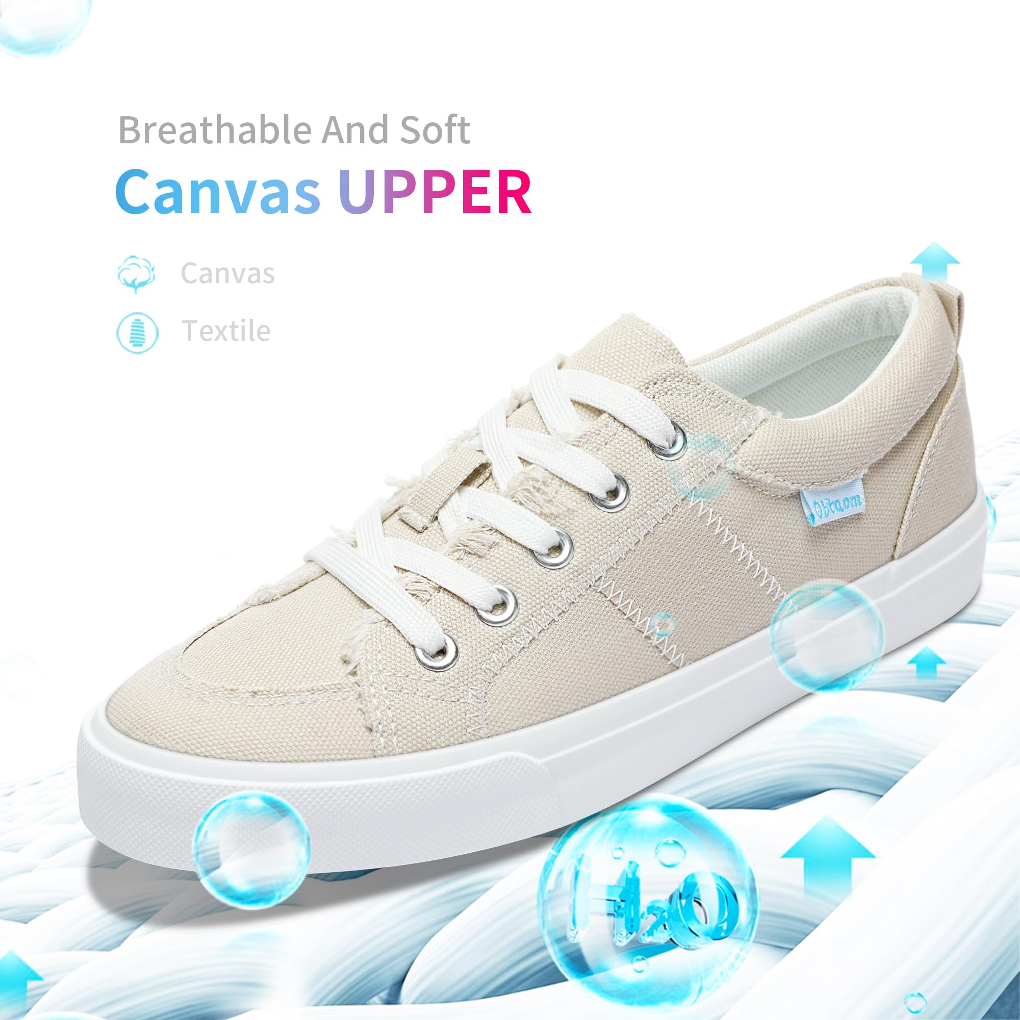 Obtaom Women's White Play Fashion Sneakers Cute Lace up Canvas Shoes Low Top Washed Canvas Flat for Lady