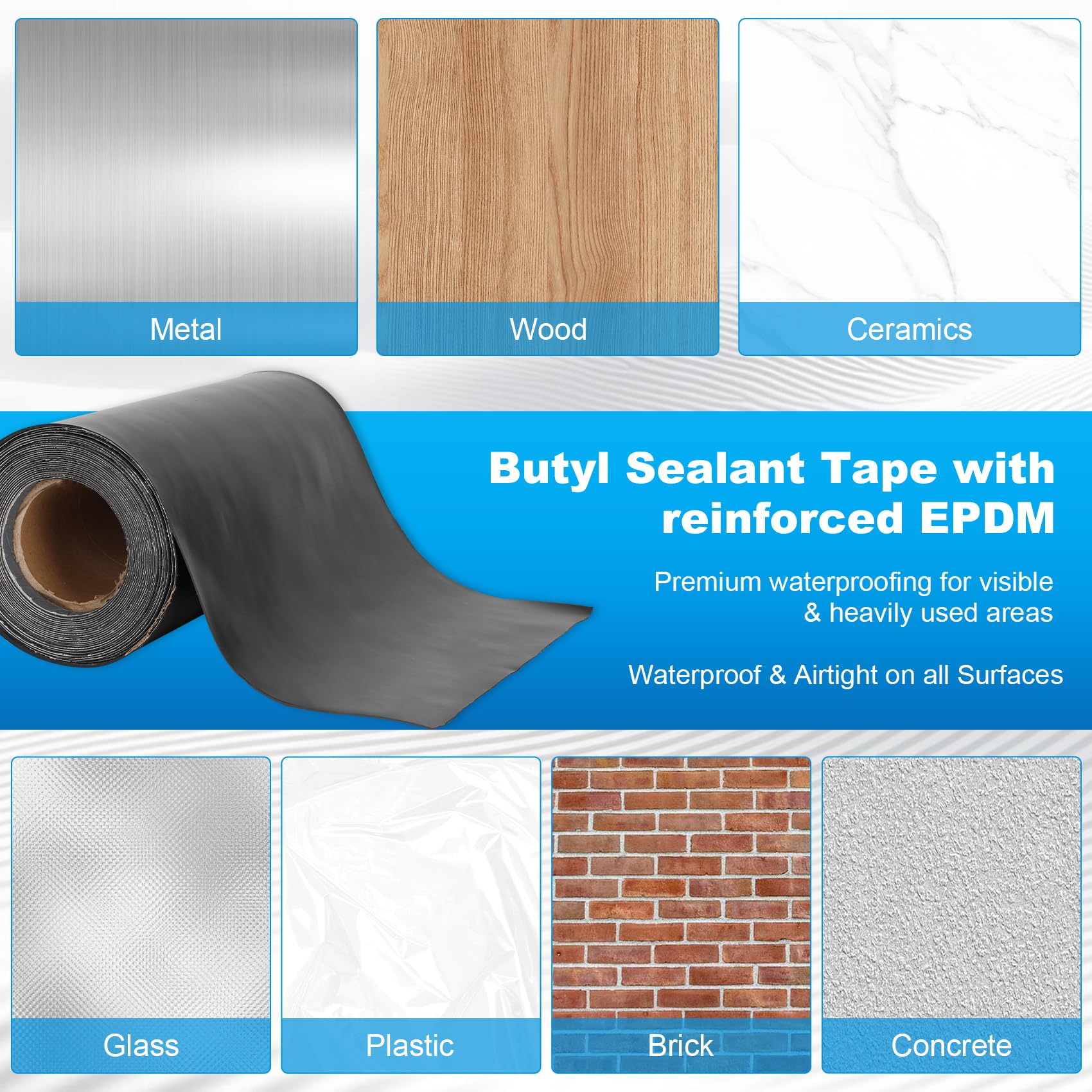 EPDM verstärktes Butyl-Dichtband, 30,5 cm x 9,5 m, schwarz, selbstklebend, wasserdicht, wetterfest, für Dächer, Fenster, Wohnmobil, Boote, Terrassen und Sanitärräume