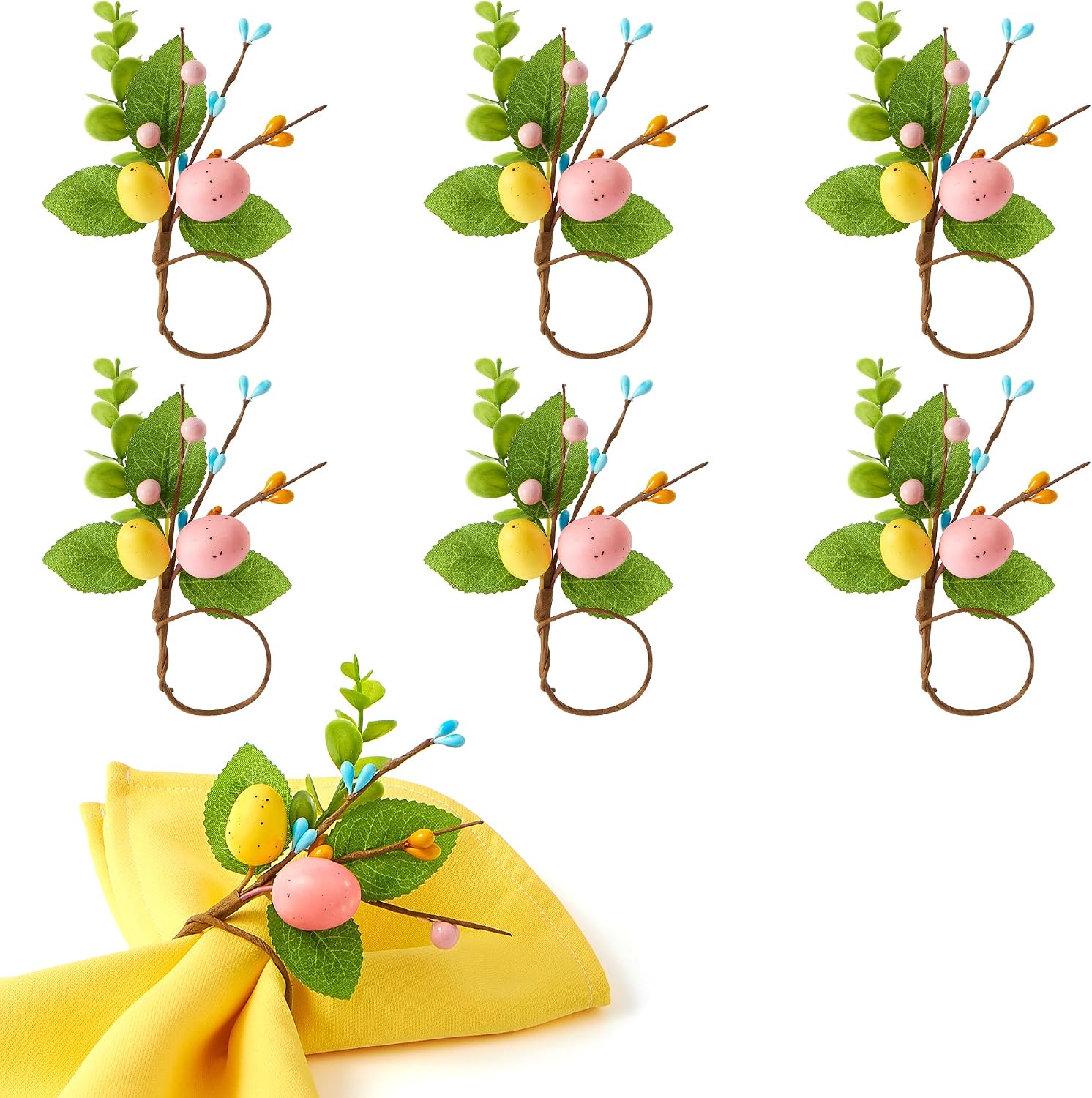 APTWOW Easter Napkin Rings Set of 6 - Farmhouse Eggs Napkin Holder, Spring Eucalyptus Leaf Napkin Rings for Holiday Birthday Wedding Party Banquet Easter Table Decor