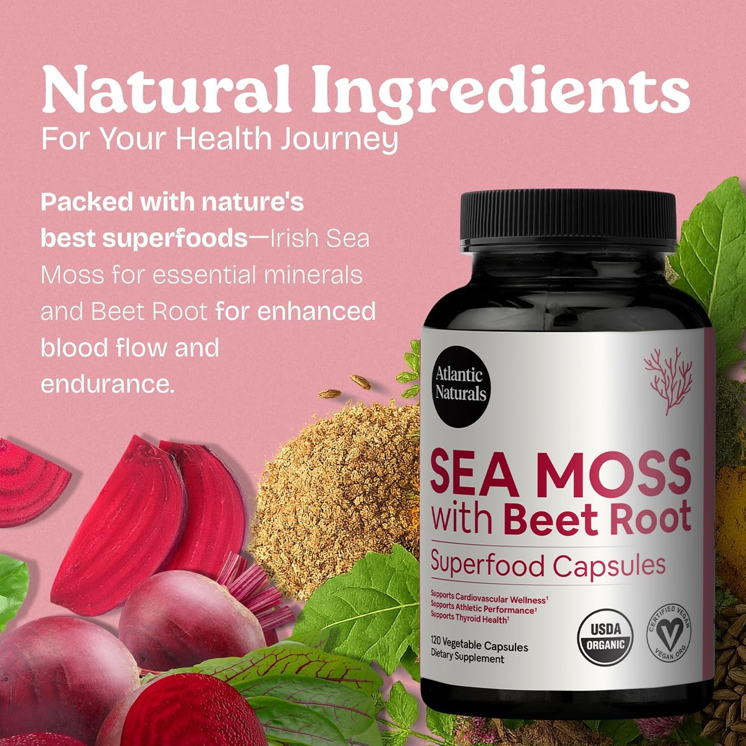 Atlantic Naturals Sea Moss with Beet Root Capsules - Premium Quality Multivitamin Supplement - Sea Moss Superfood to Support Immune Health, Blood Flow, Joint Health & Athletic Performance - 120 ct