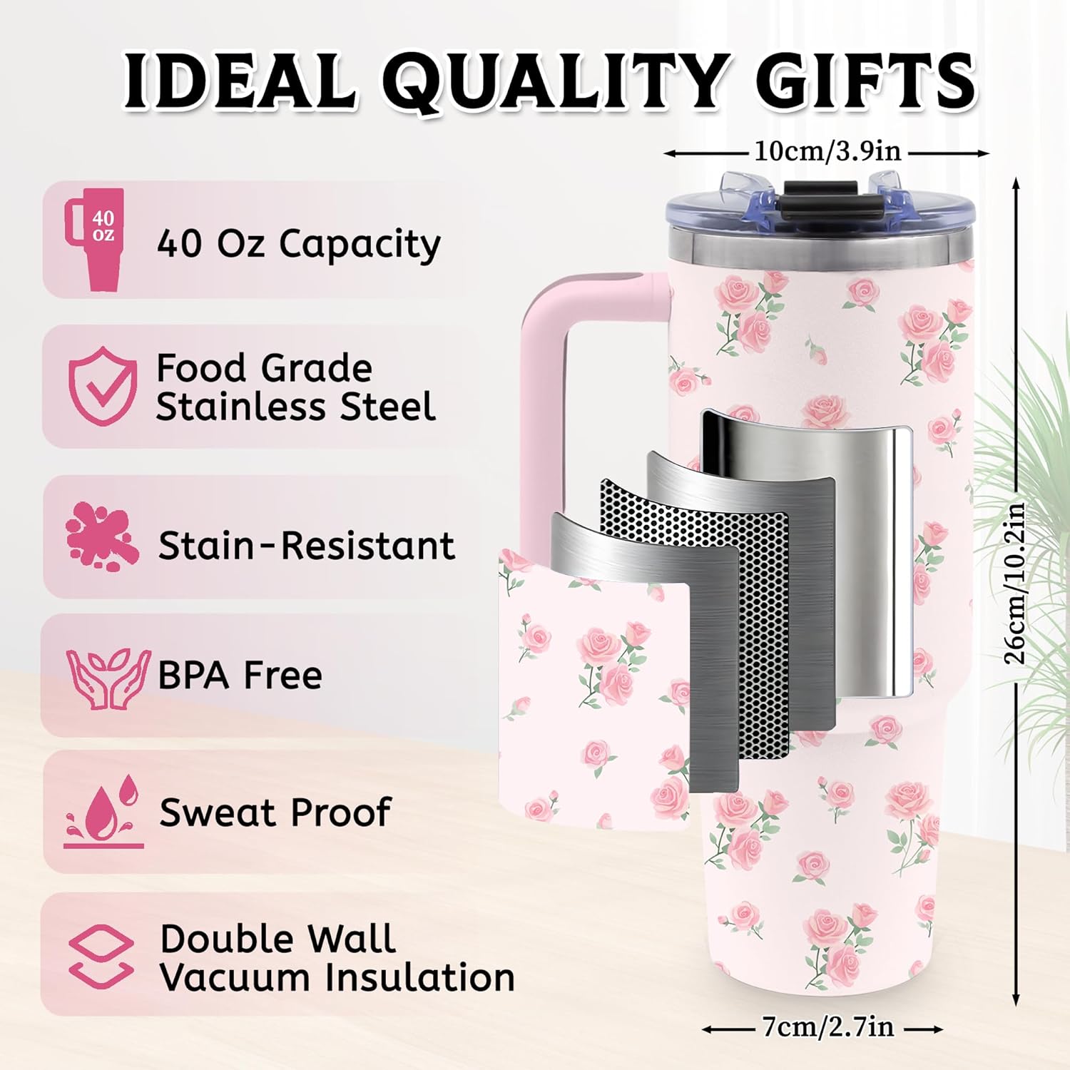 40 Oz Rose Tumbler Gifts for Women, Pink Rose Flower Water Bottle with Handle and Straw, Stainless Steel Coffee Travel Mug Cup, Christmas Birthday Gifts for Her, Daughter, Friends - Image 4