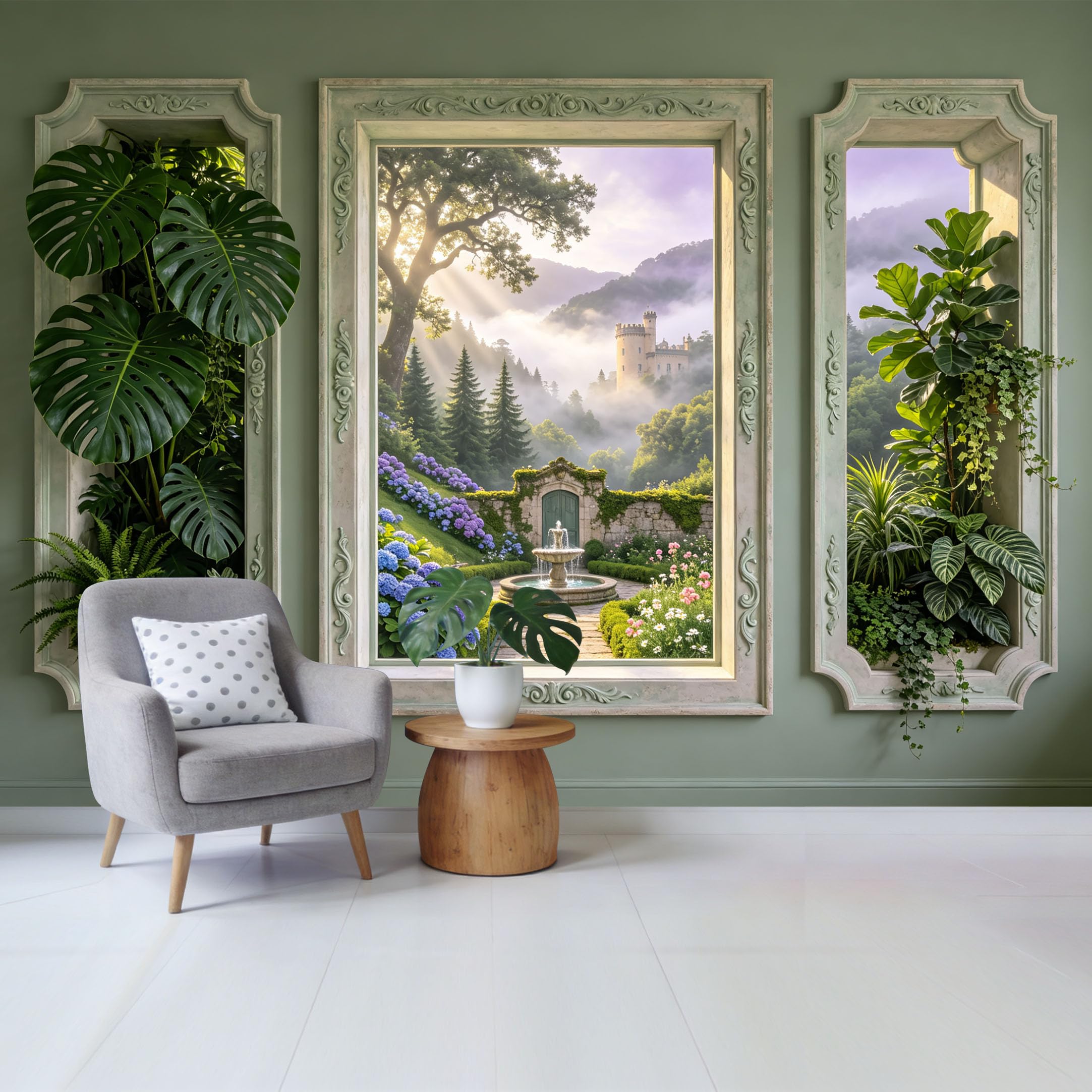 Custom Size Wall Mural Enchanted Castle Garden Landscape with Fountain and Lush Greenery Removable Self Adhesive Fabric Home Wall Decor for Living Room Bedroom Bathroom