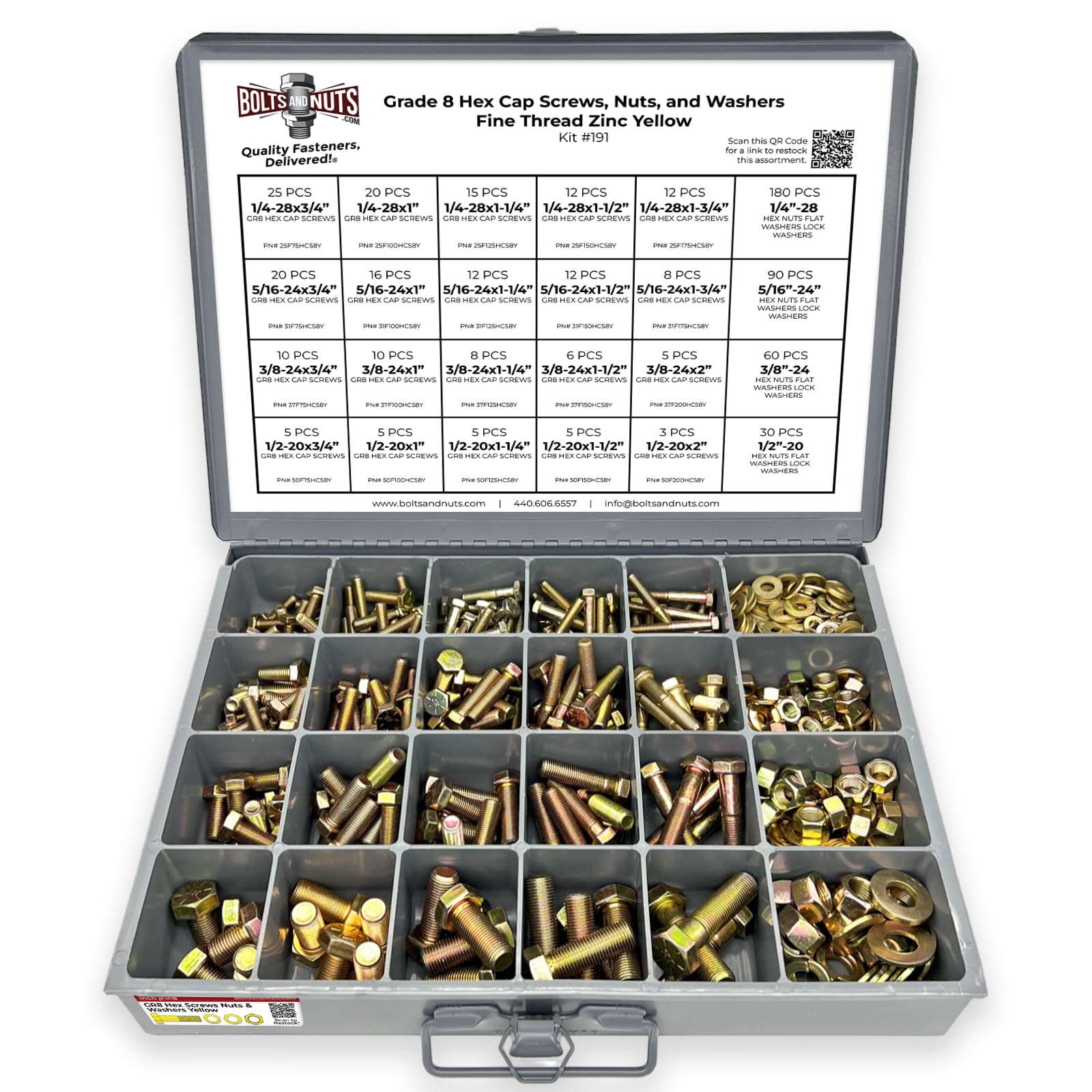 Grade 8 Hex Cap Screws Nuts Washers Fine Thread Zinc Yellow Assortment - 575 Pieces